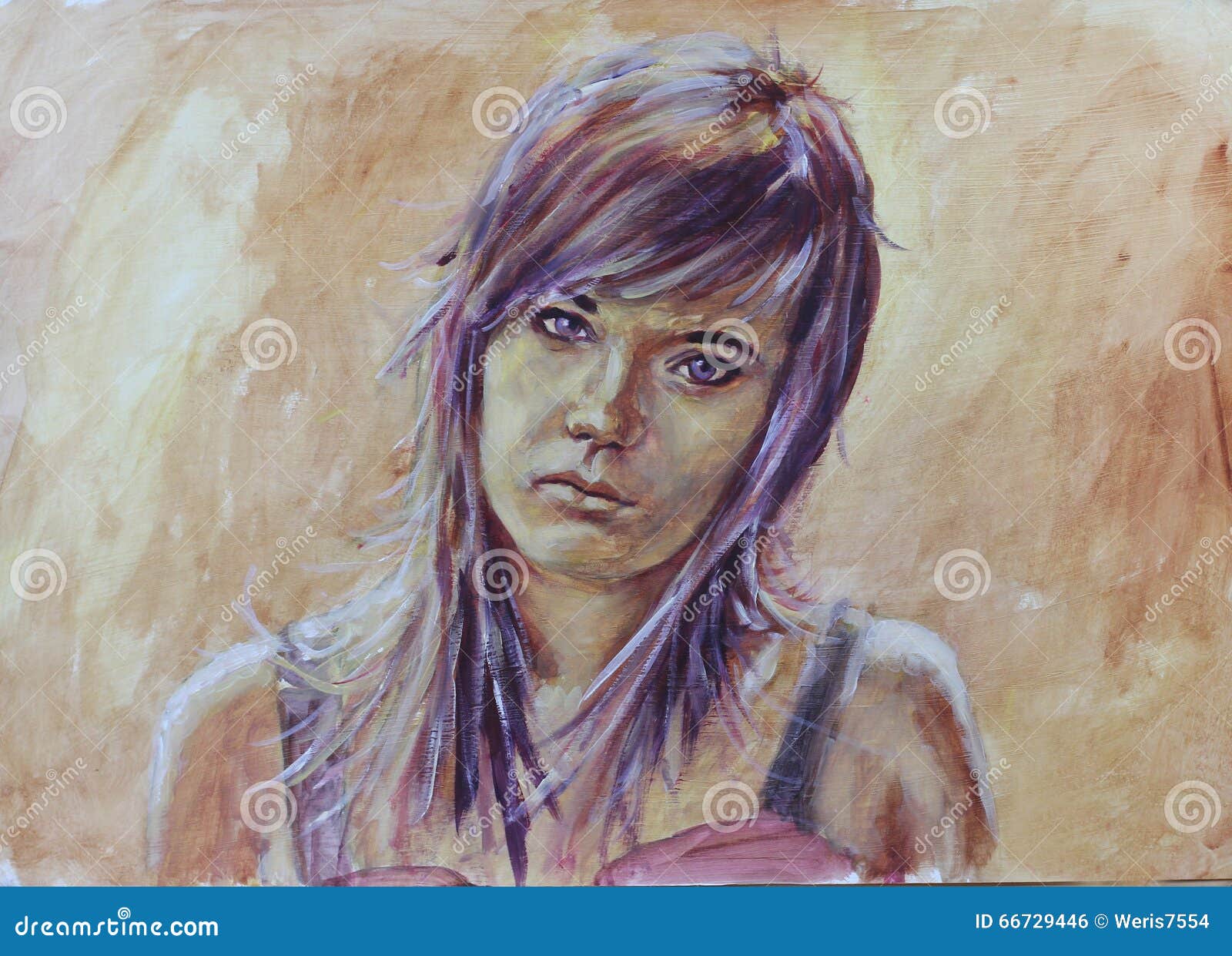 Retrato hermoso de pintura de la mujer en fondo poner crema abstracto. El retrato sensual de la mujer de la pintura al óleo con los ojos grandes y el pelo hermoso resumen el fondo poner crema