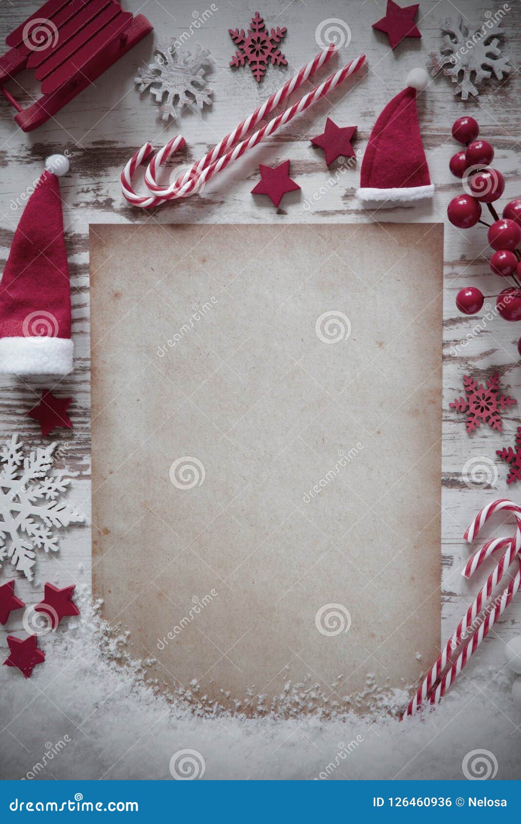 retri christmas flat lay, vertical paper, copy space, snow