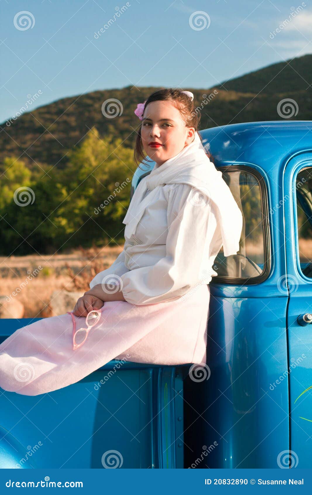 Retro 1950s Teen In Classic Blue Truck Stock Photo - Image 
