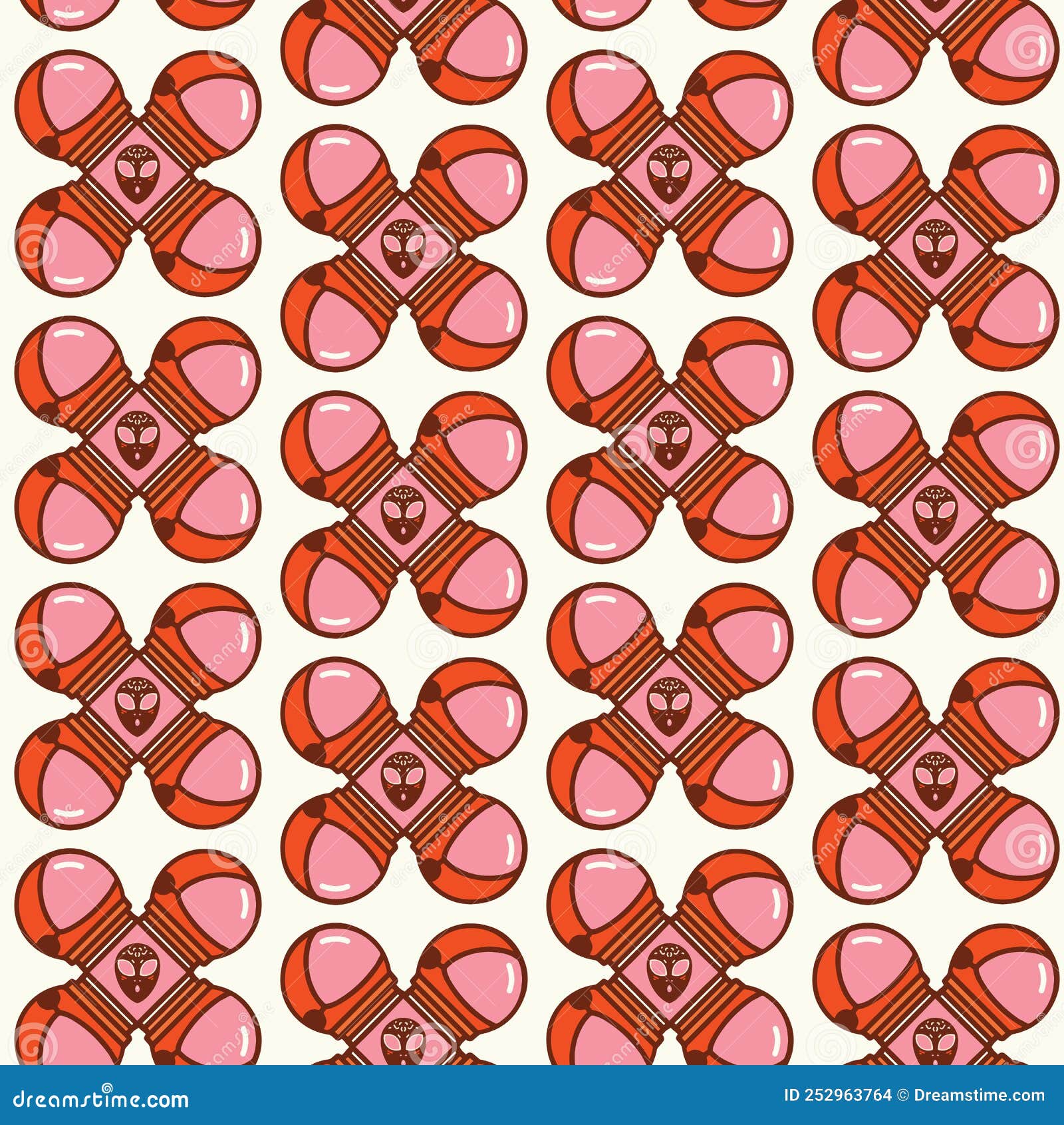 retro abstract floral pattern featuring astronaut helmets and alien faces in pink and orange
