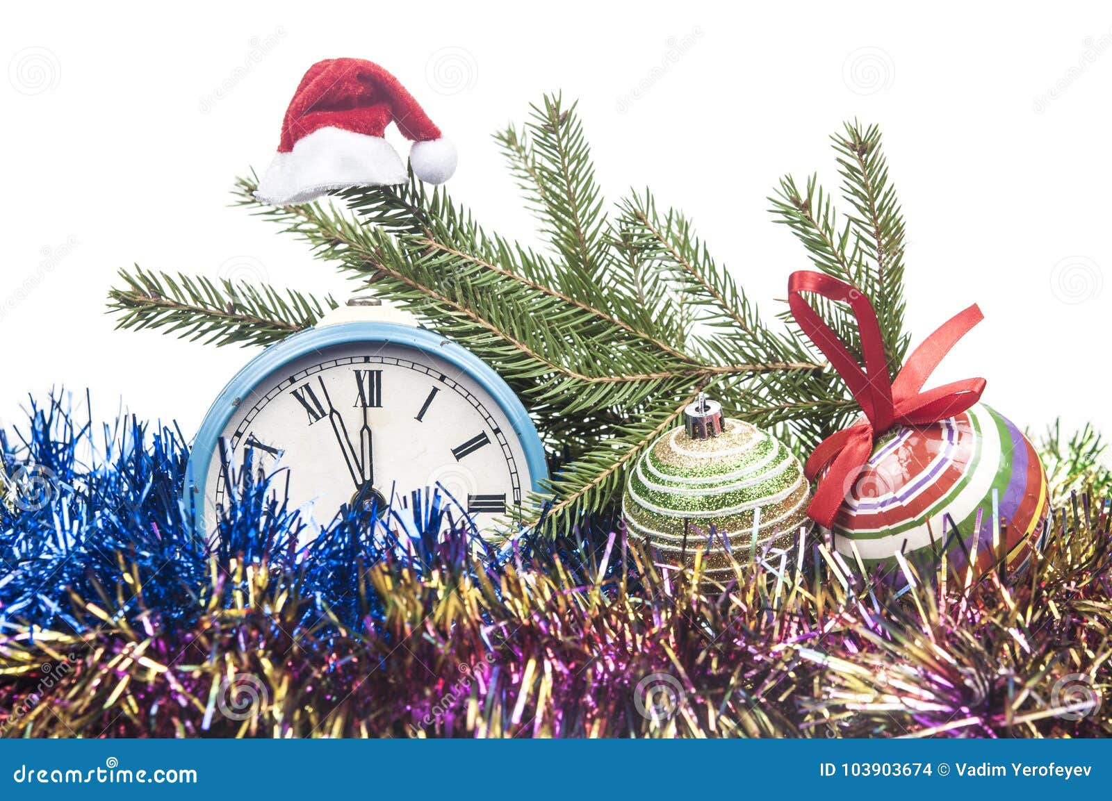 Retro alarm clock decorations and Santa hat on white background Christmas countdown concept