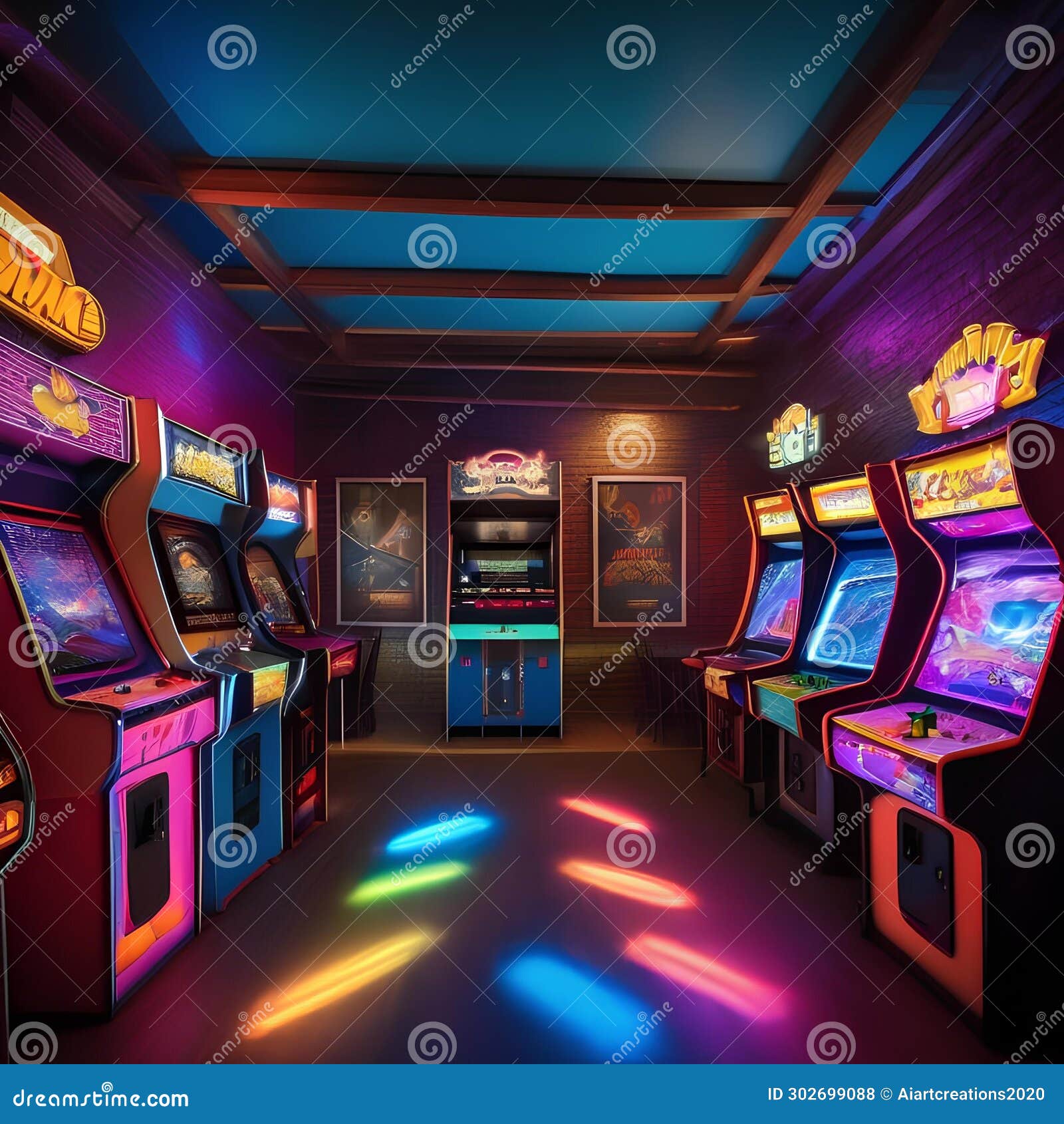 a retro arcade-style game room with vintage machines and vibrant colors3