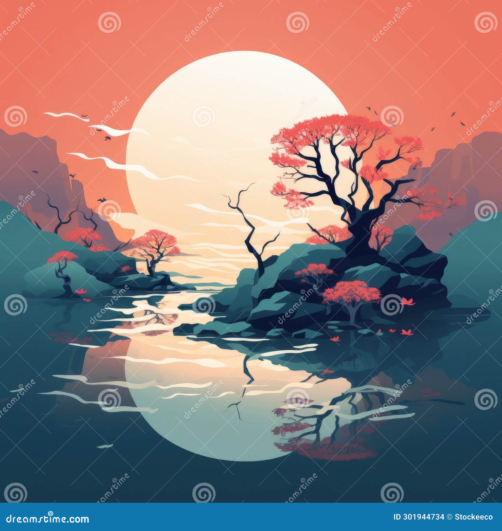 retro asian : tree in water at sunset