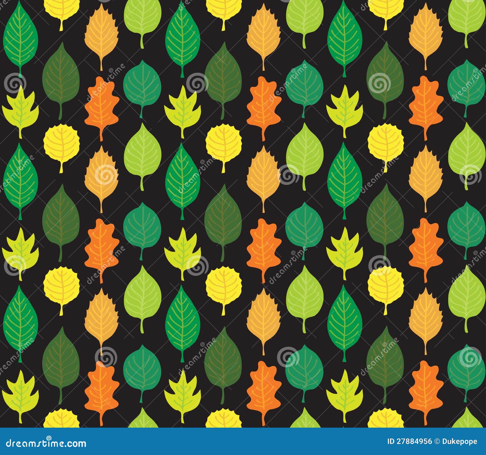 Retro Autumn Leaves Pattern. Leaves of different shapes on black background