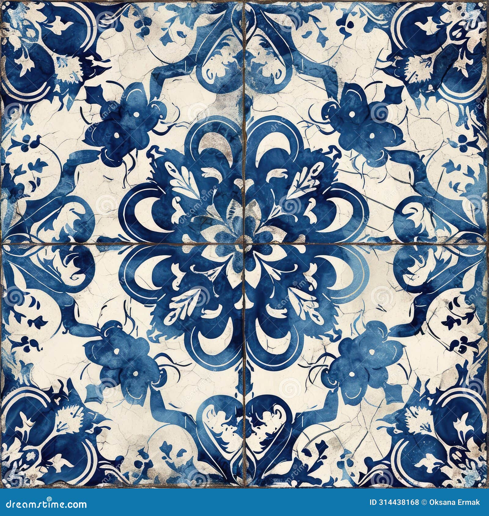 retro azulejo mosaic tile, vintage portuguese wall ceramic seamless pattern, old blue tiles background