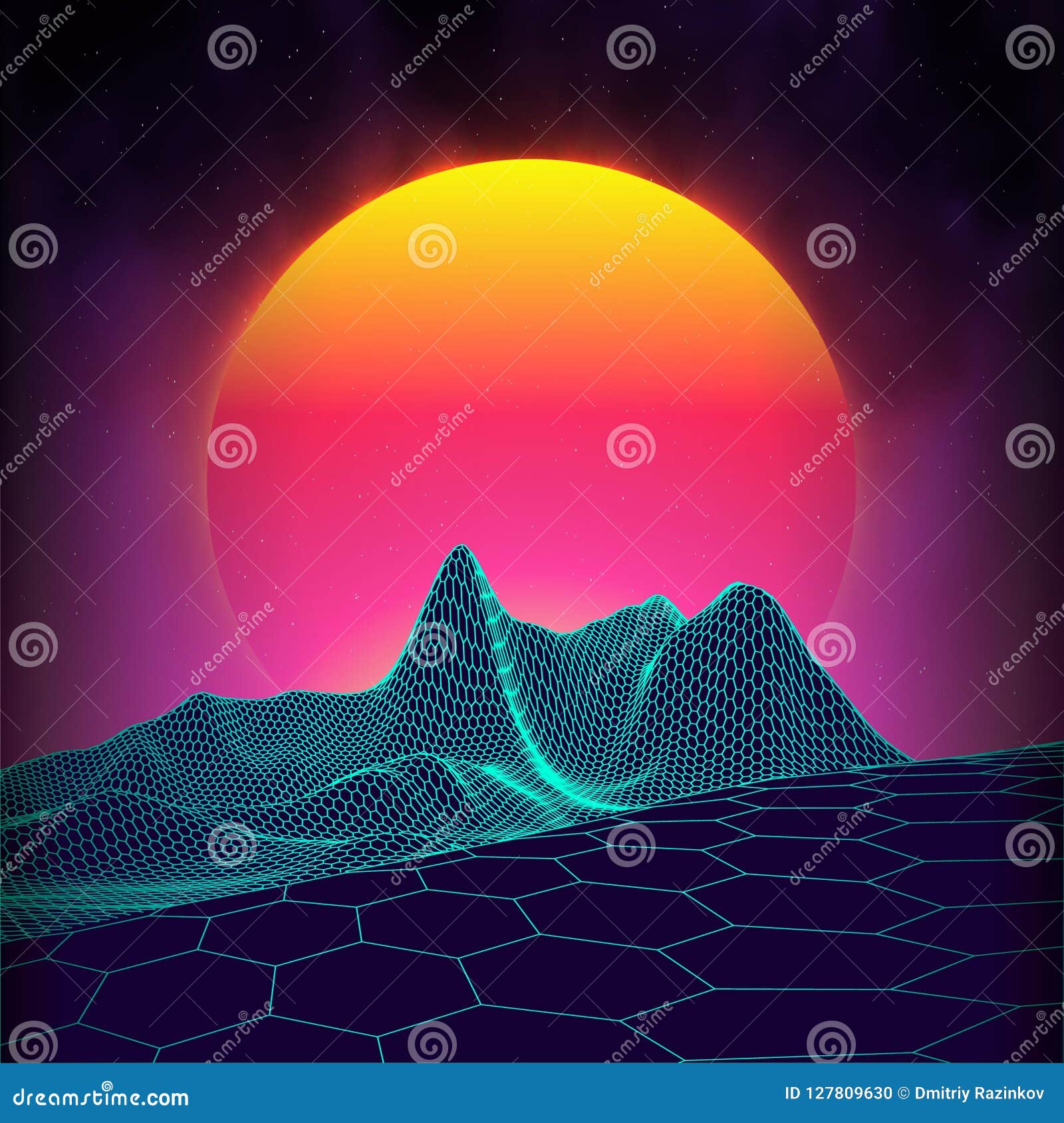 Retro Background Futuristic Landscape 1980s Style Digital Retro