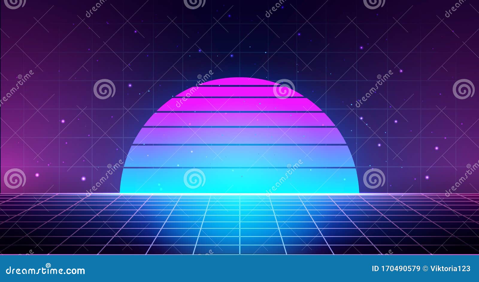 retro background with laser grid, abstract landscape with sunset and star sky. vaporwave, synthwave 80s cyberpunk style