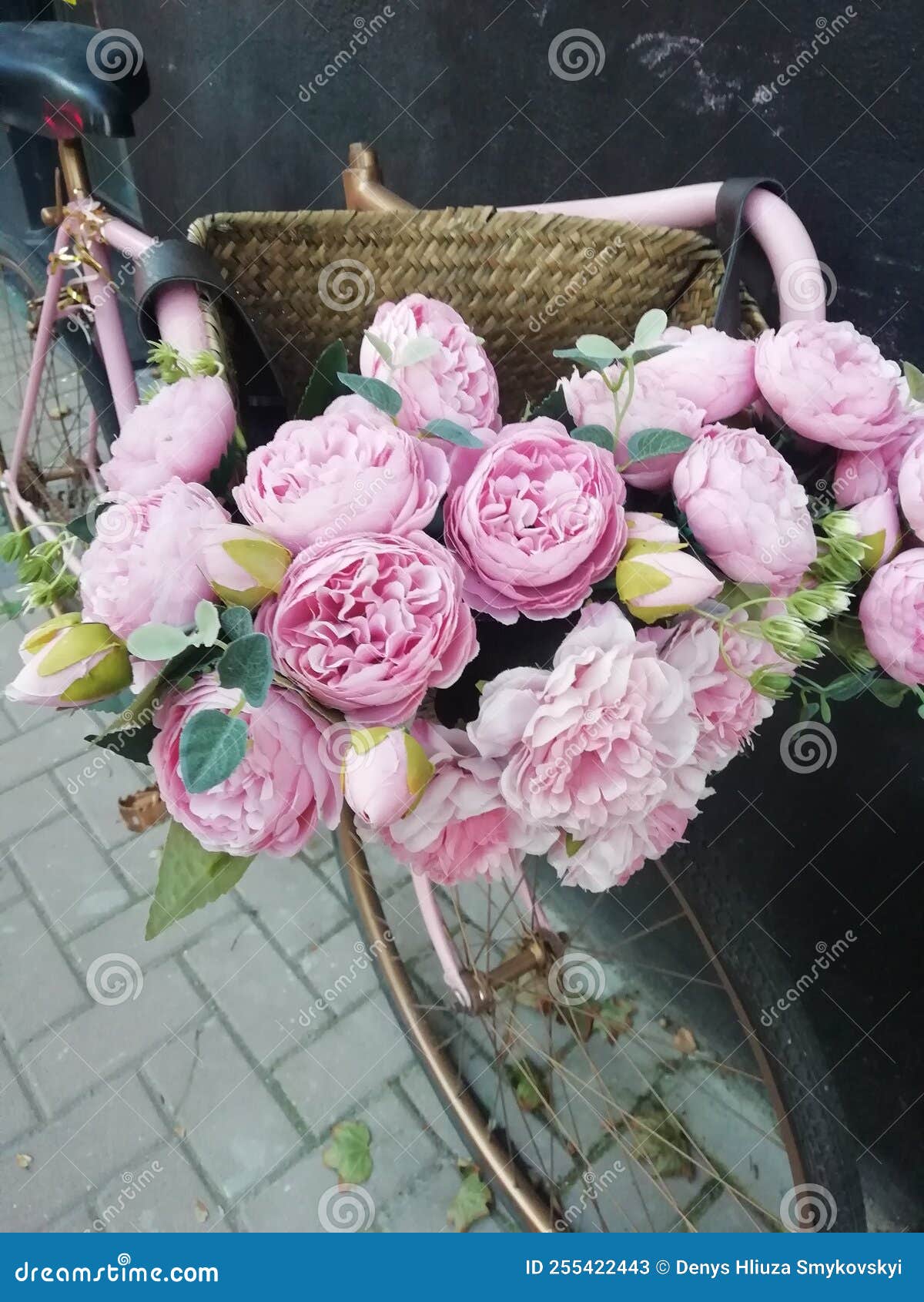 Retro Bike with a Basket of Roses on the Handlebars Stock Image Image
