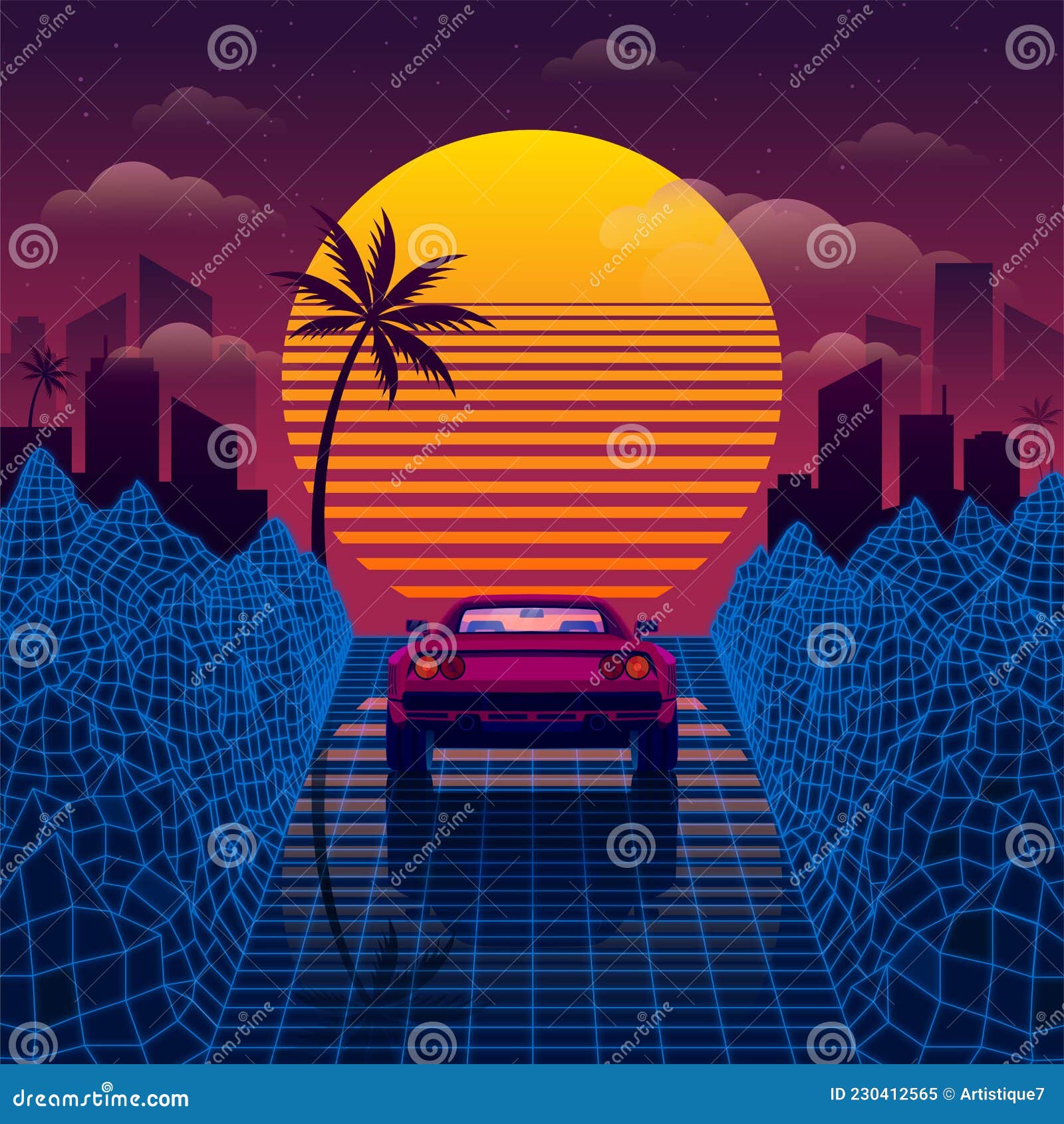 retro car on the blue road among 3d mountains synthwave or retrowave style