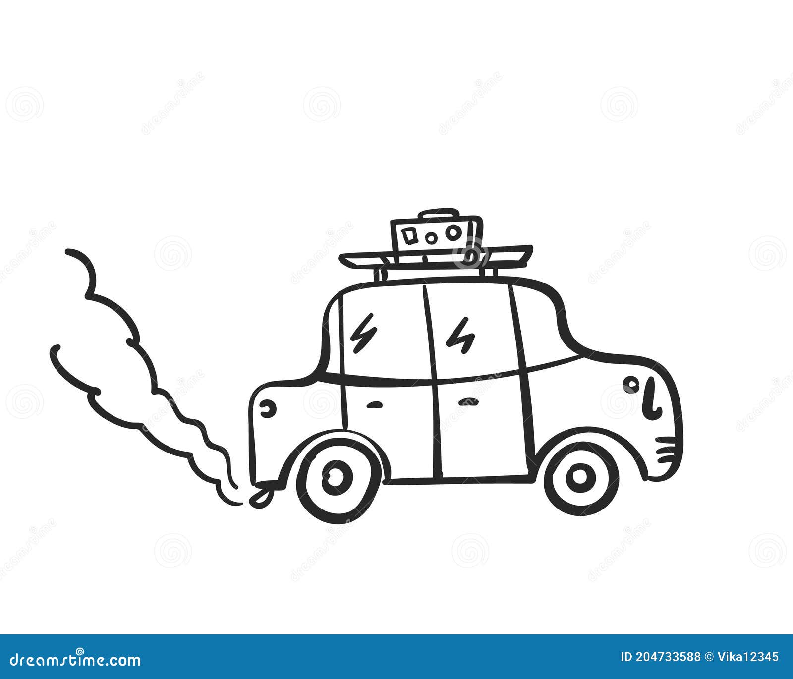 Retro Car Doodle Road Trip, Cartoon Car with Luggage Blowing Exhaust Fumes  Stock Vector - Illustration of auto, baggage: 204733588