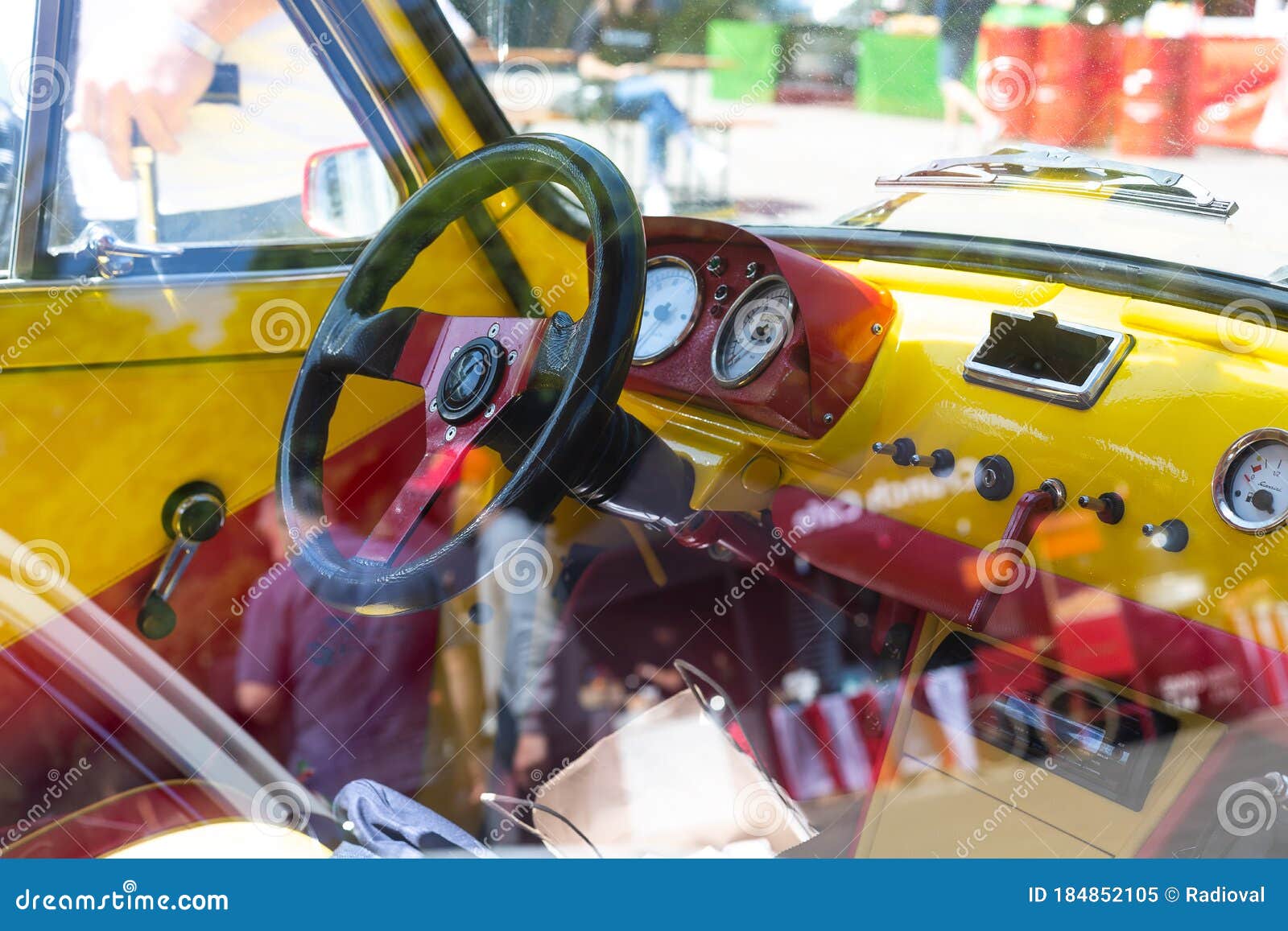 retro car. steering wheel and interior. close-up. leopolis grand prix