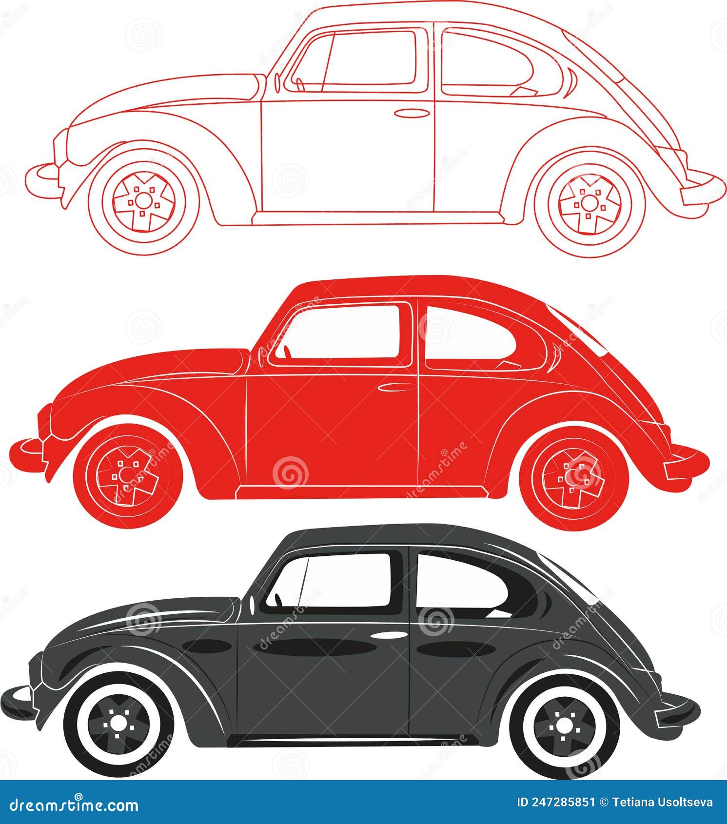 Retro Car Volkswagen Beetle 1966 in Grey, Red and Outline Stock Vector