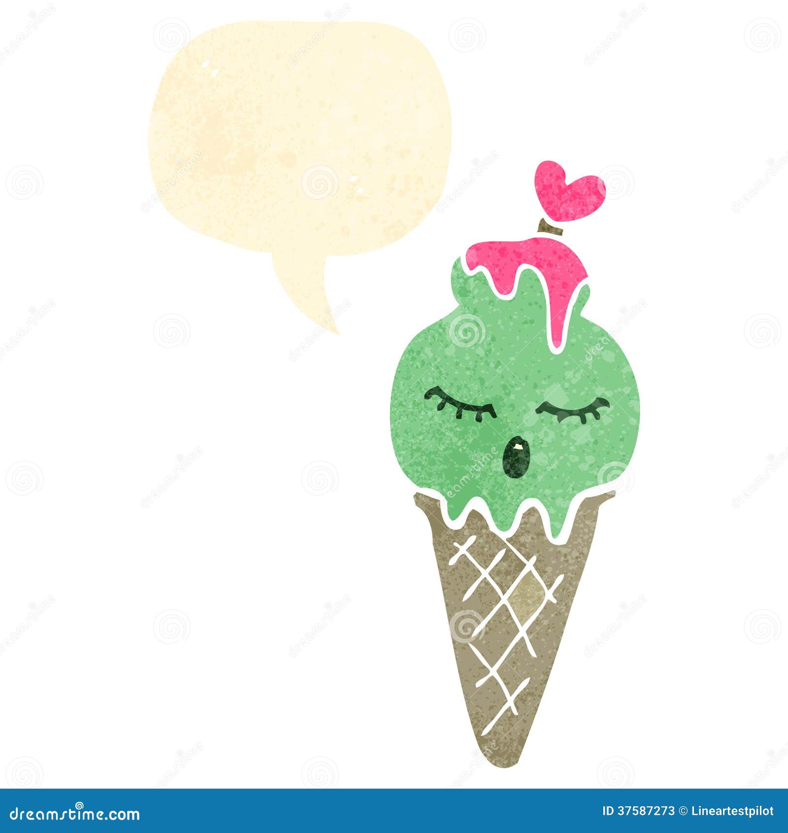 retro cartoon ice cream cone character with speech bubble. Retro cartoon with texture. Isolated on White.