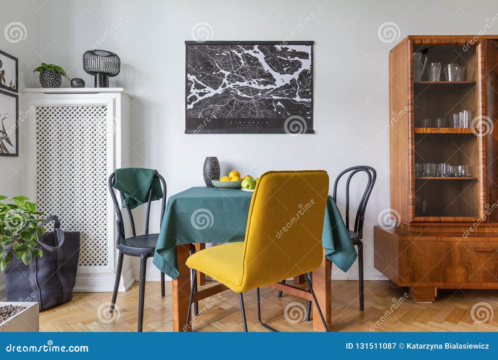 retro china cabinet in eclectic living room interior