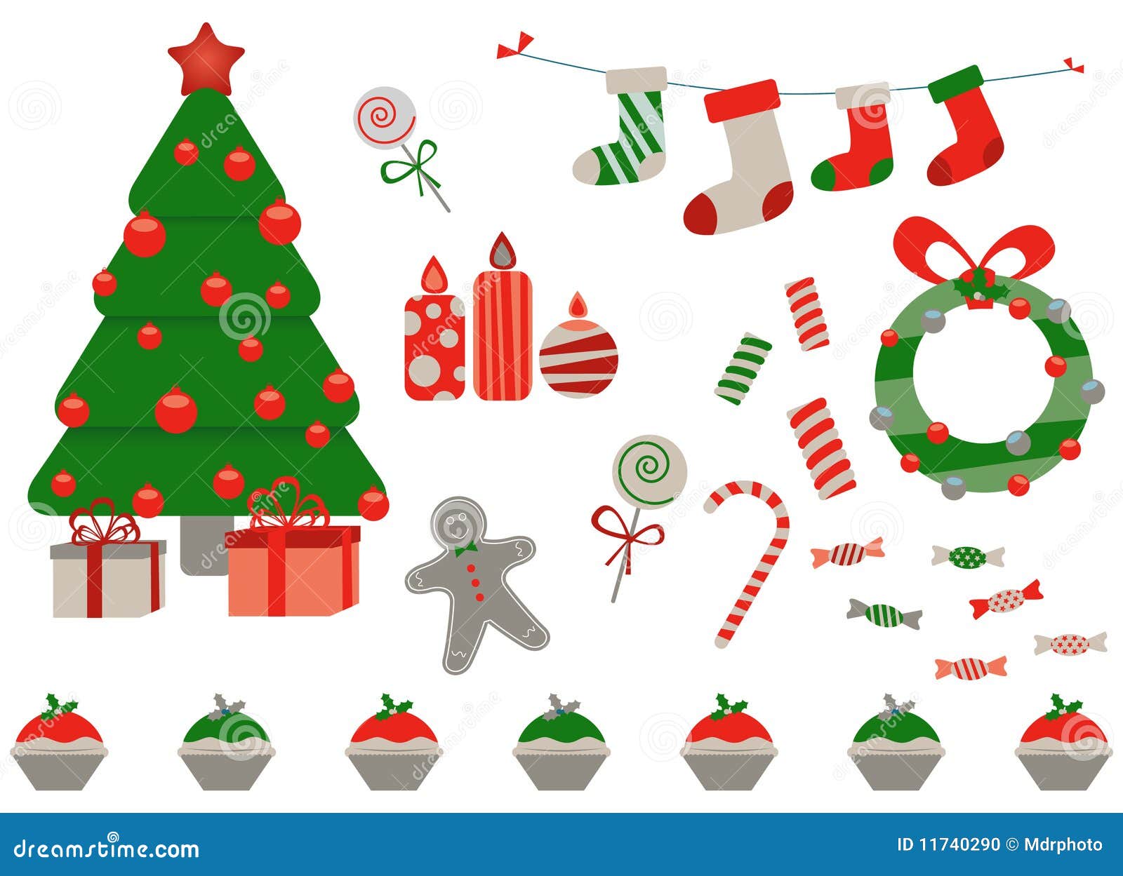 Retro Christmas Elements - christmas tree, gifts, stockings, gingerbread man, candy cane