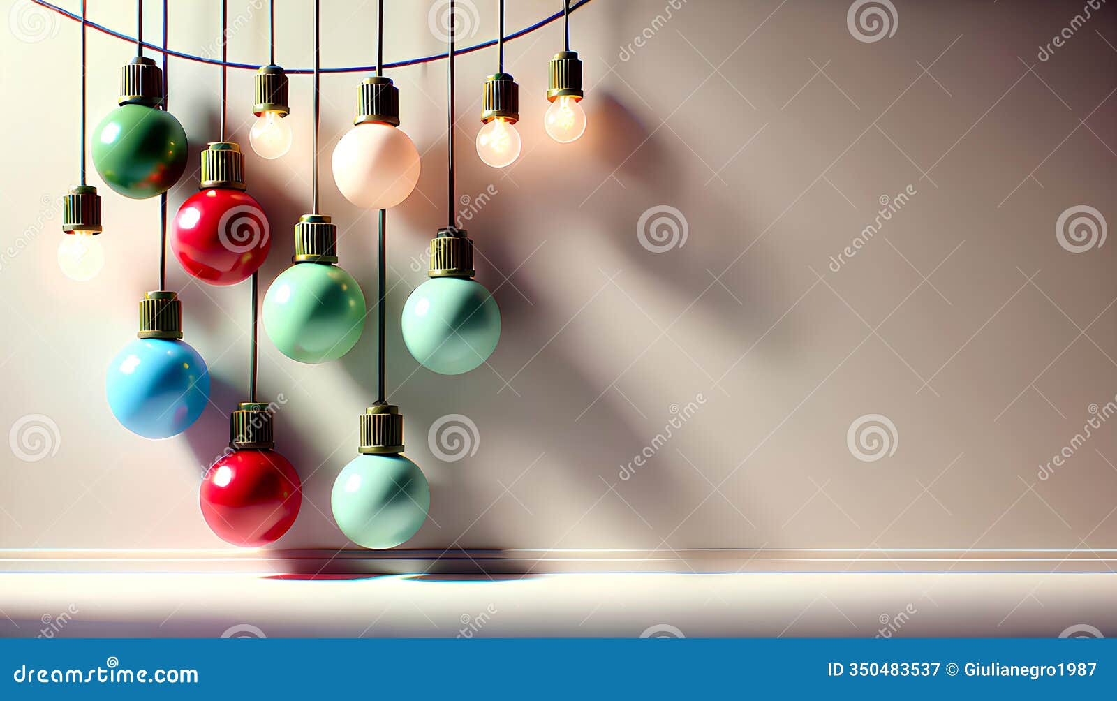 retro christmas light bulbs with hanging colorful baubles