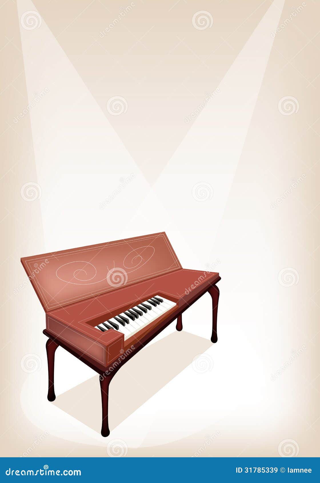 a retro clavichord on brown stage background
