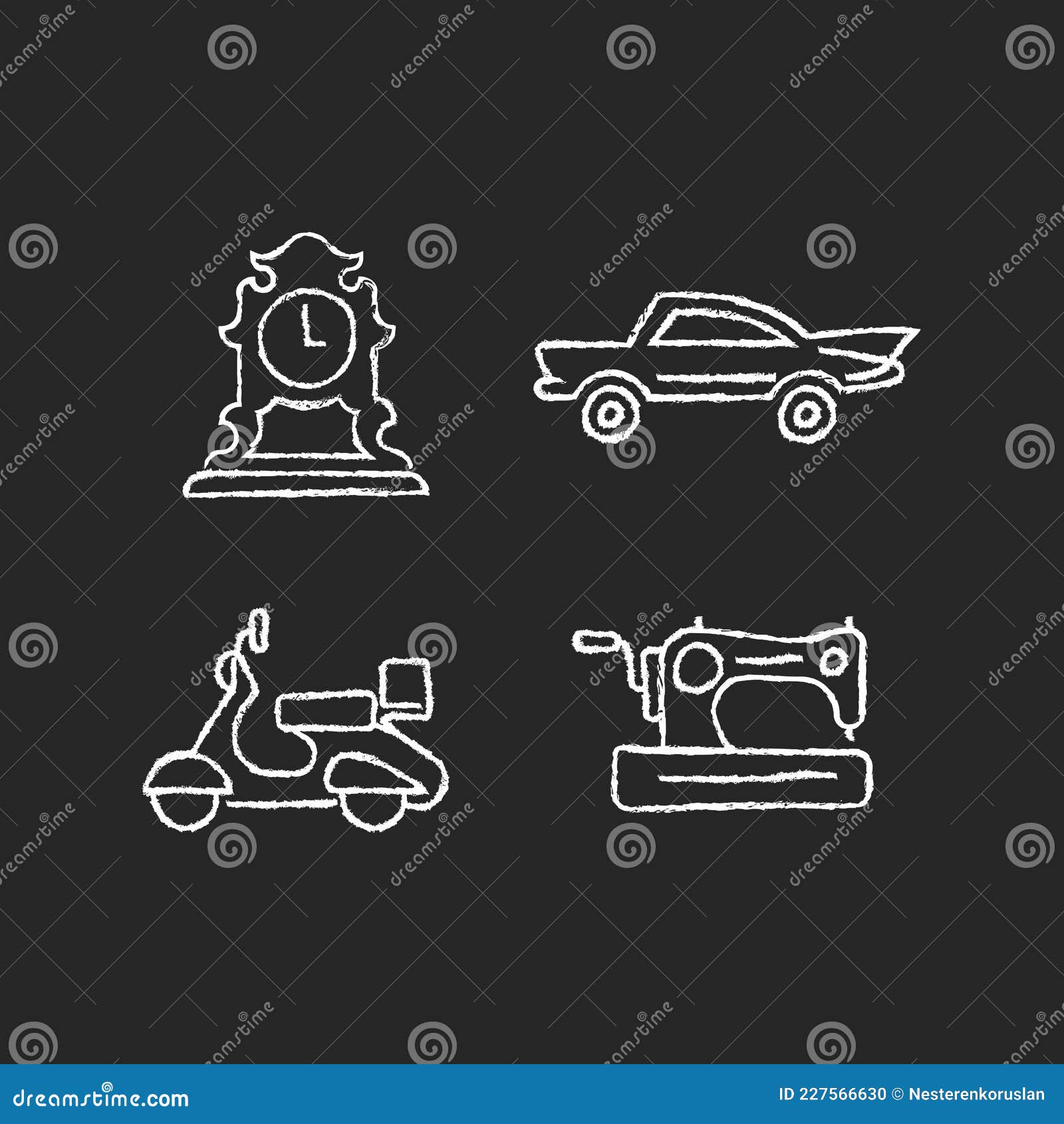 retro collectables chalk white icons set on dark background