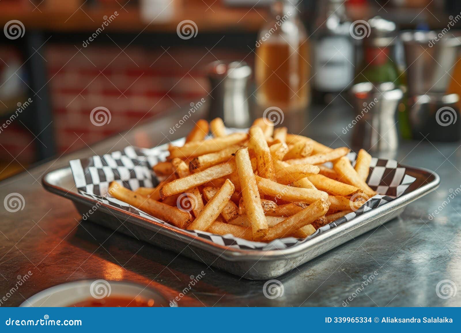 retro diner aesthetic, classic diner vibes with tasty fries on a checkered paper tray, against a retro bar counter