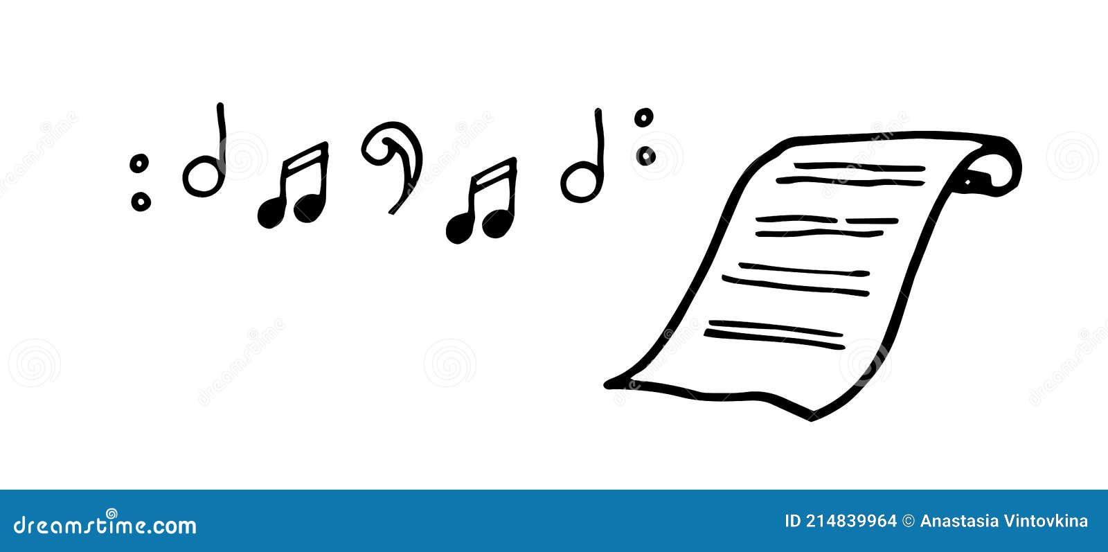 Vector Drawing of Scroll and Sheet Music Drawn by Hand in Doodle Style