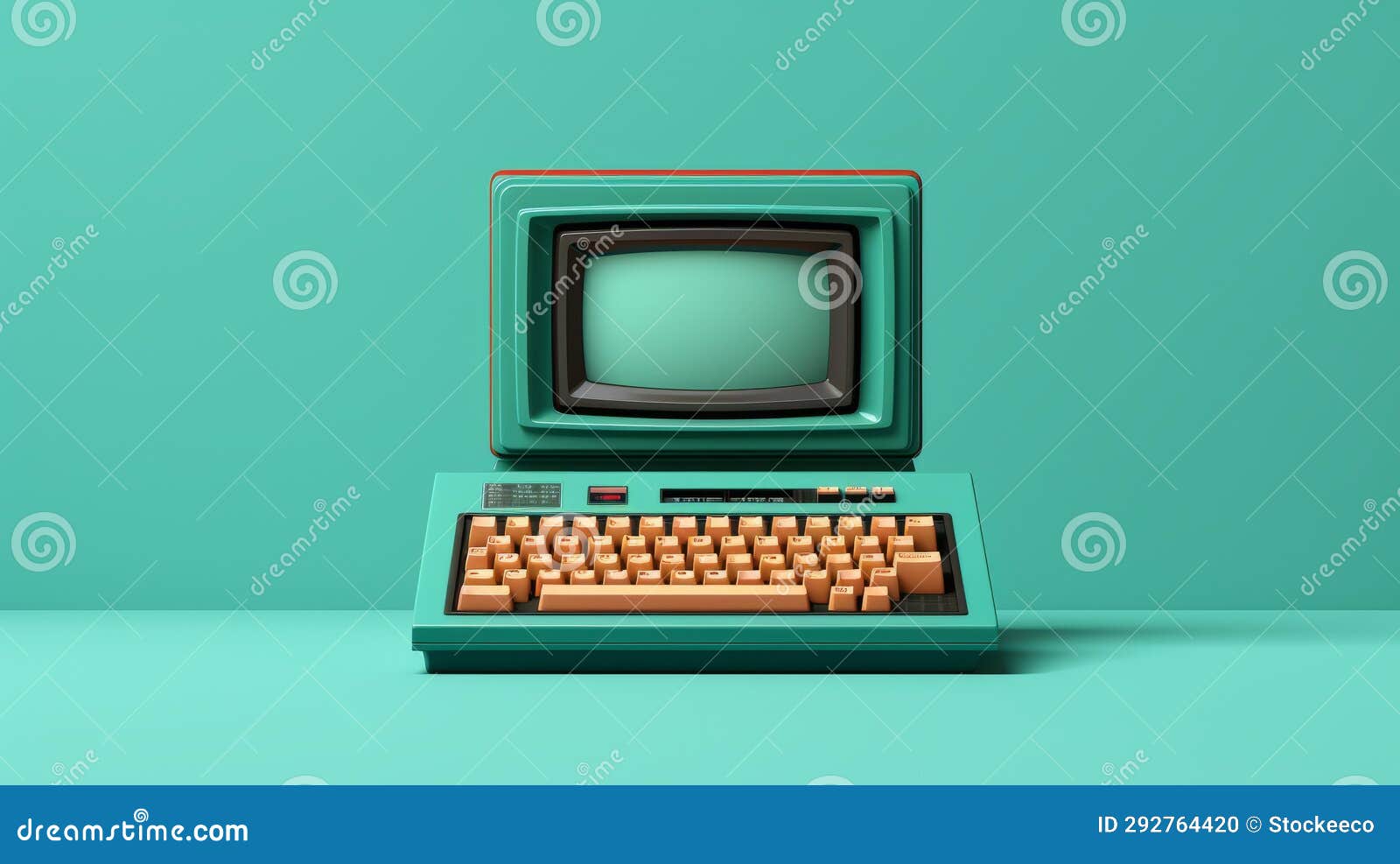 retro electronic computer and keyboard on colorful teal background