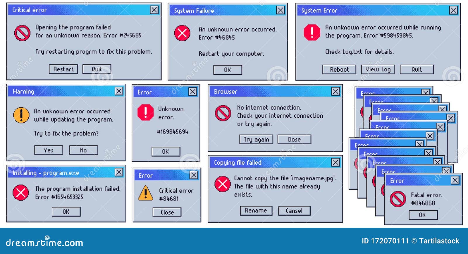 retro error message. old user interface system failure window, fatal and critical errors messages. damaged computer