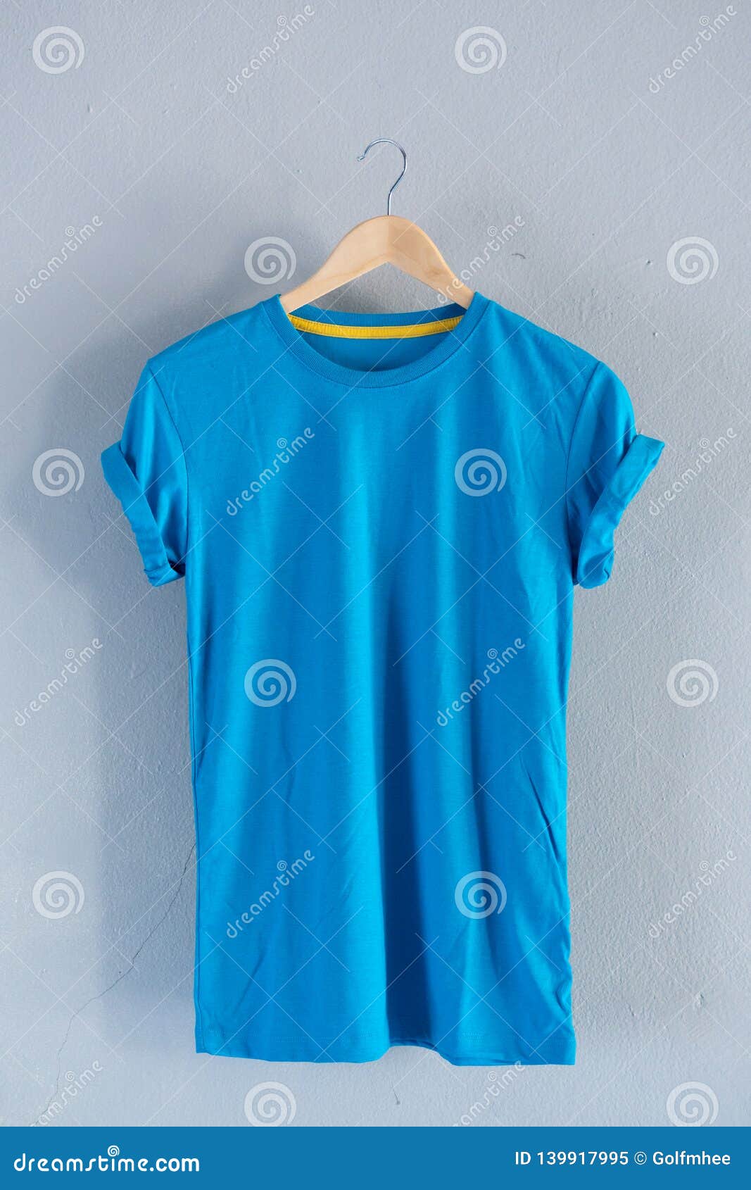 Retro Fold Blue Cotton T-Shirt Clothes Mock Up Template on Grunge White ...