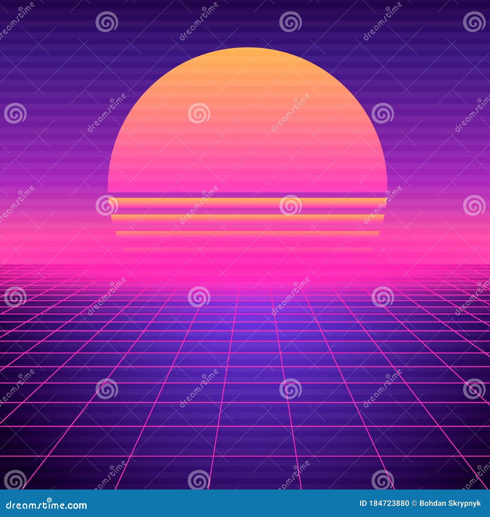 retro futuristic background vaporwave. neon geometric synthwave grid, light space with setting sun.