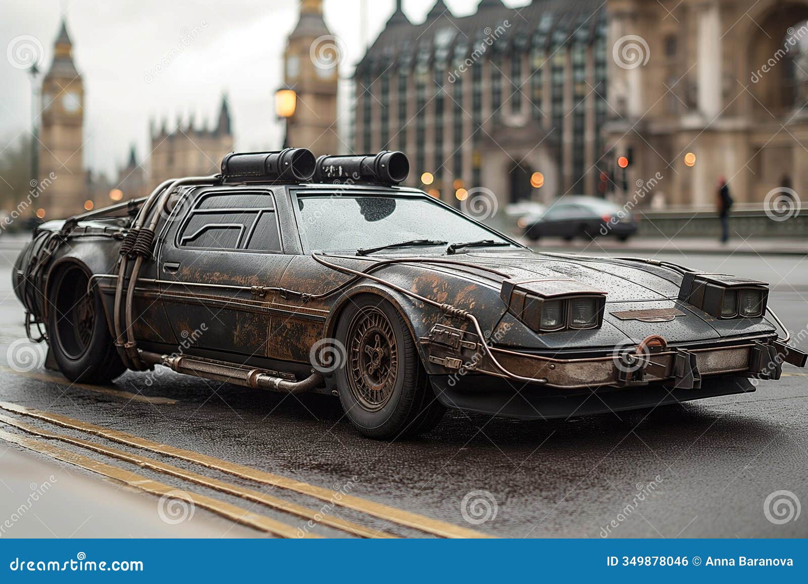 a retro-futuristic car with steampunk s, set against a rainy london backdrop