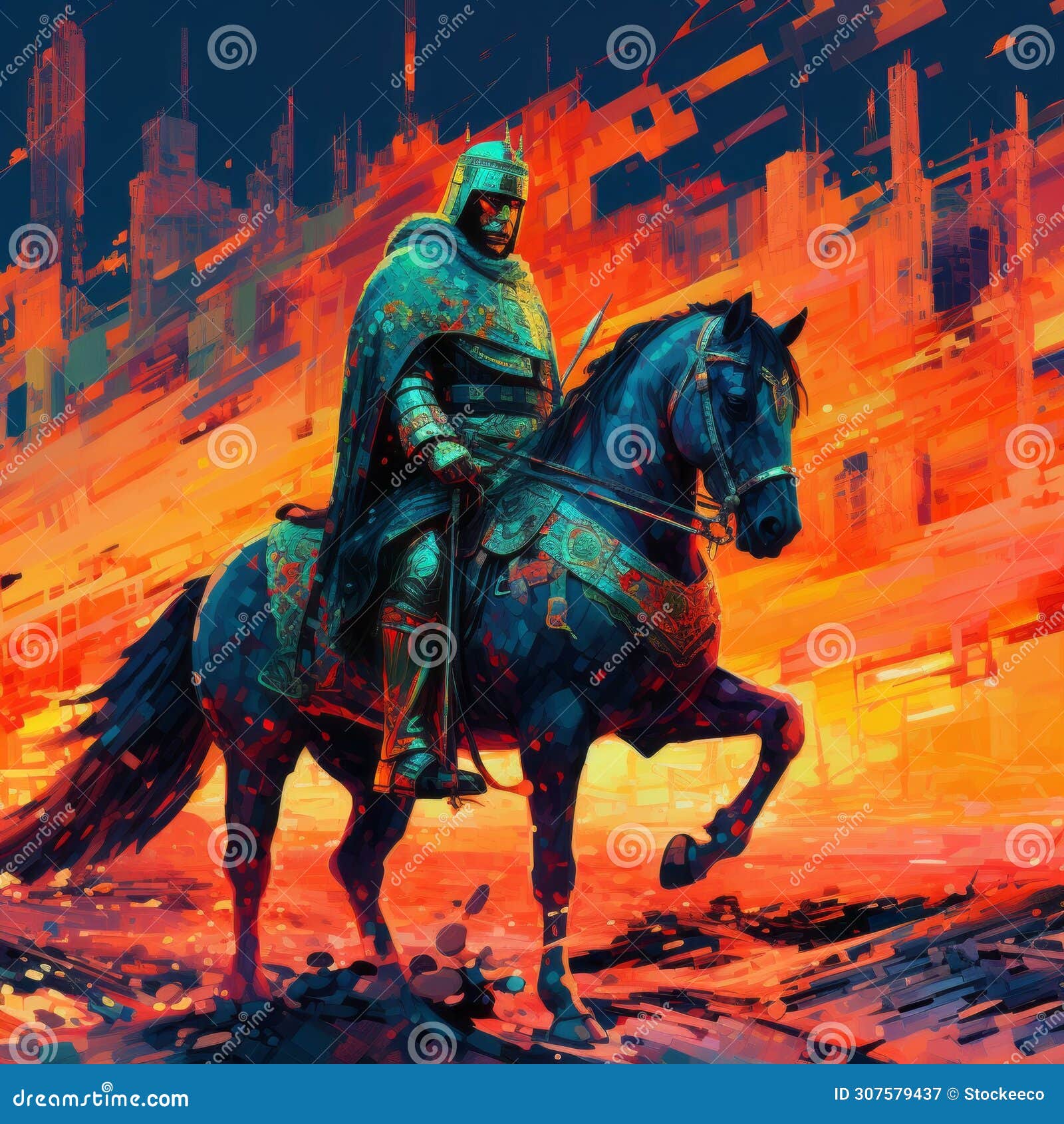 retro-futuristic cyberpunk knight riding horse with fireworks