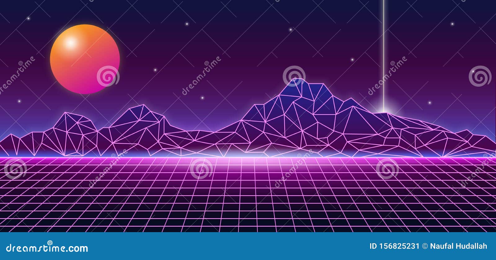 Retro Futuristic 1980s Style Mountain Landscape Background Glowing Sun