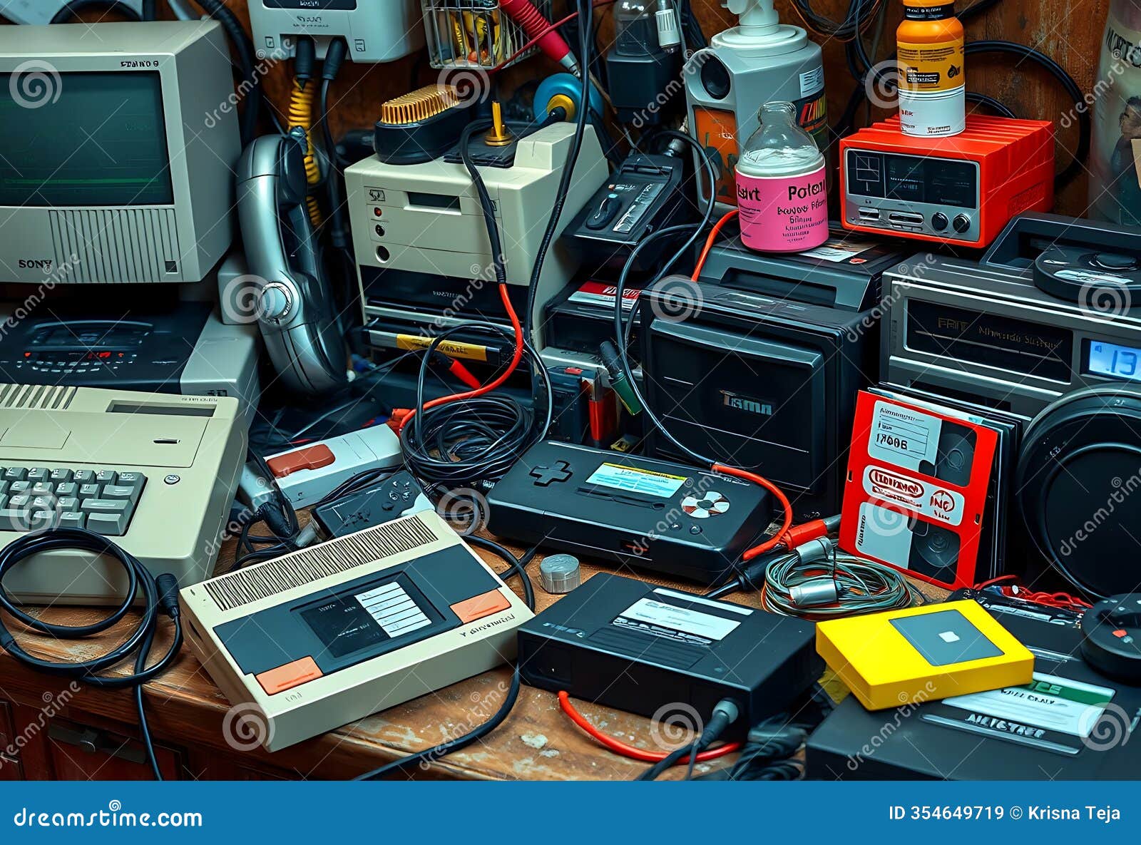 retro gaming tech clutter vintage electronics colorful cables wooden desk