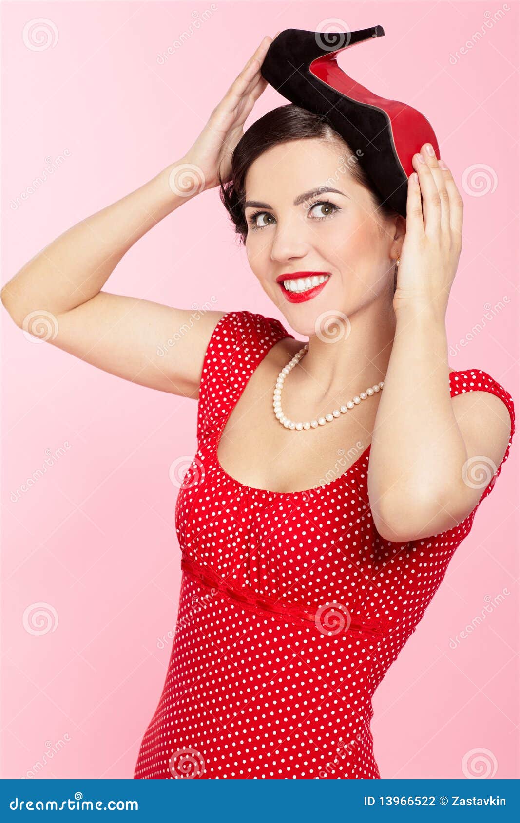 Retro girl stock photo. Image of pink, pearls, high, polka 13966522