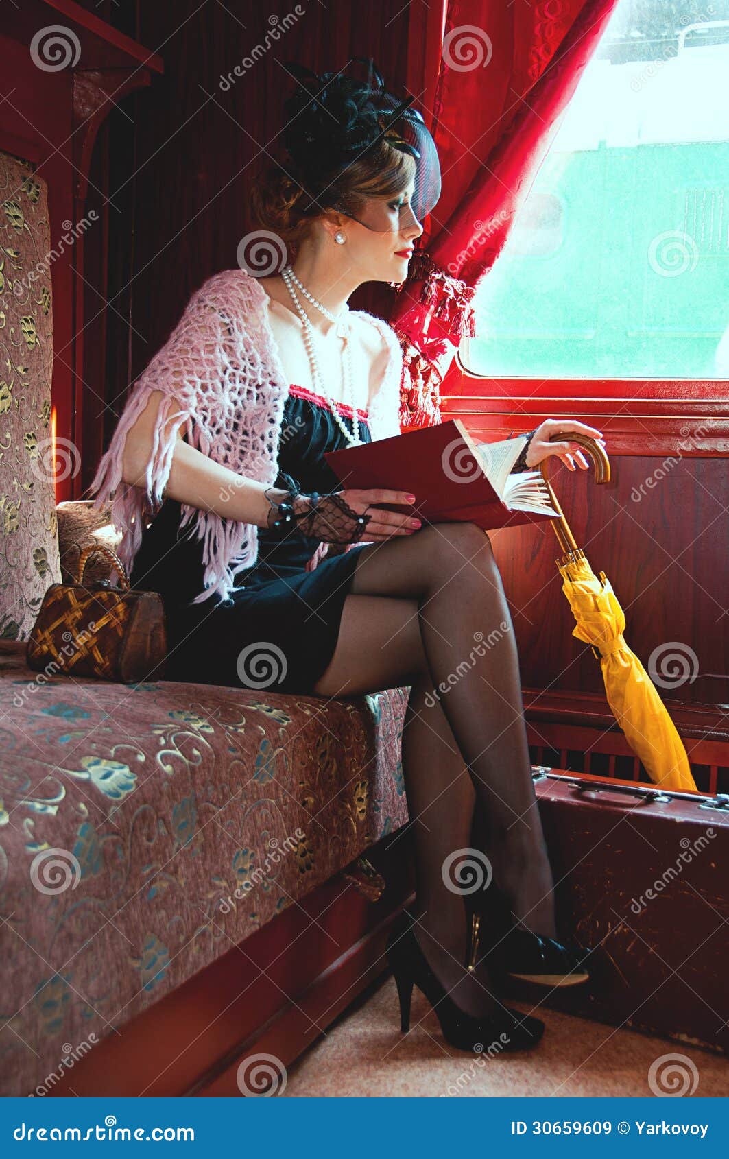 Retro Girl Reading Book In Wagon Train Stock Image Image Of Girl Looking 30659609