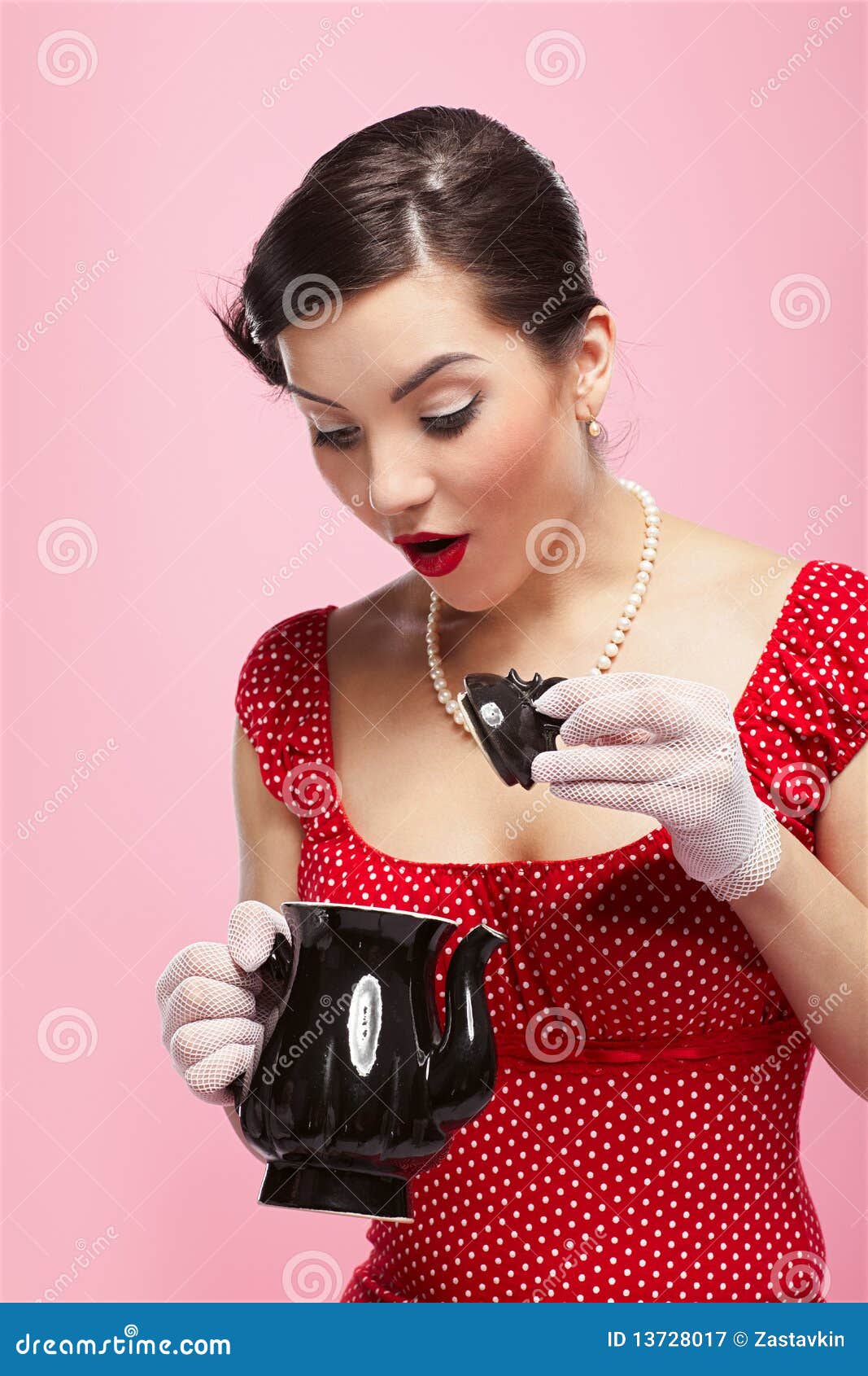 Retro girl and teapot stock image. Image of surprise 13728017