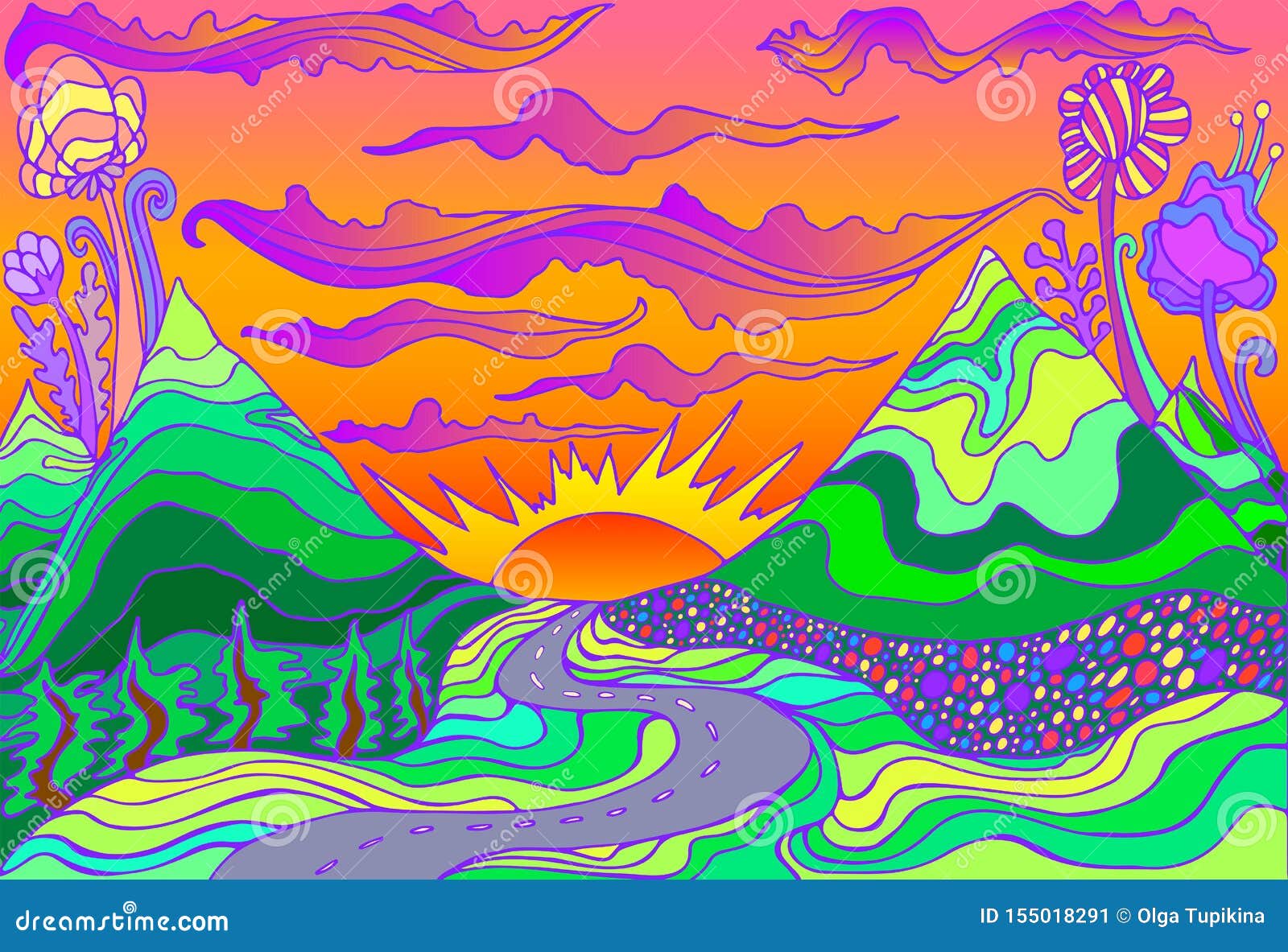 Retro Hippie Style Psychedelic Landscape with Mountains, Sun and the Road  Going into the Sunset Stock Vector - Illustration of concept, colorful:  155018291