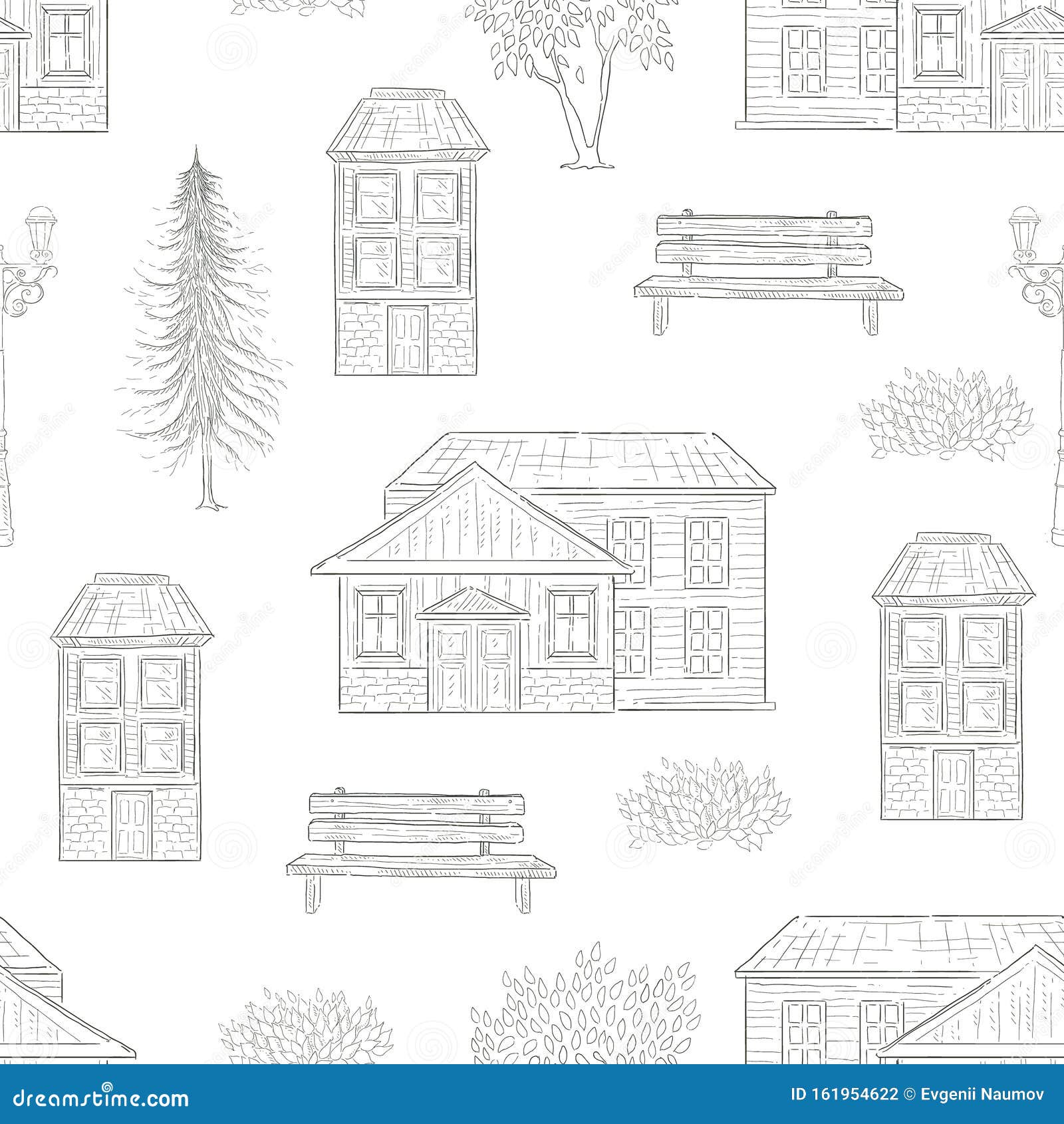 retro houses, fir tree, bench seamless pattern hand drawn  