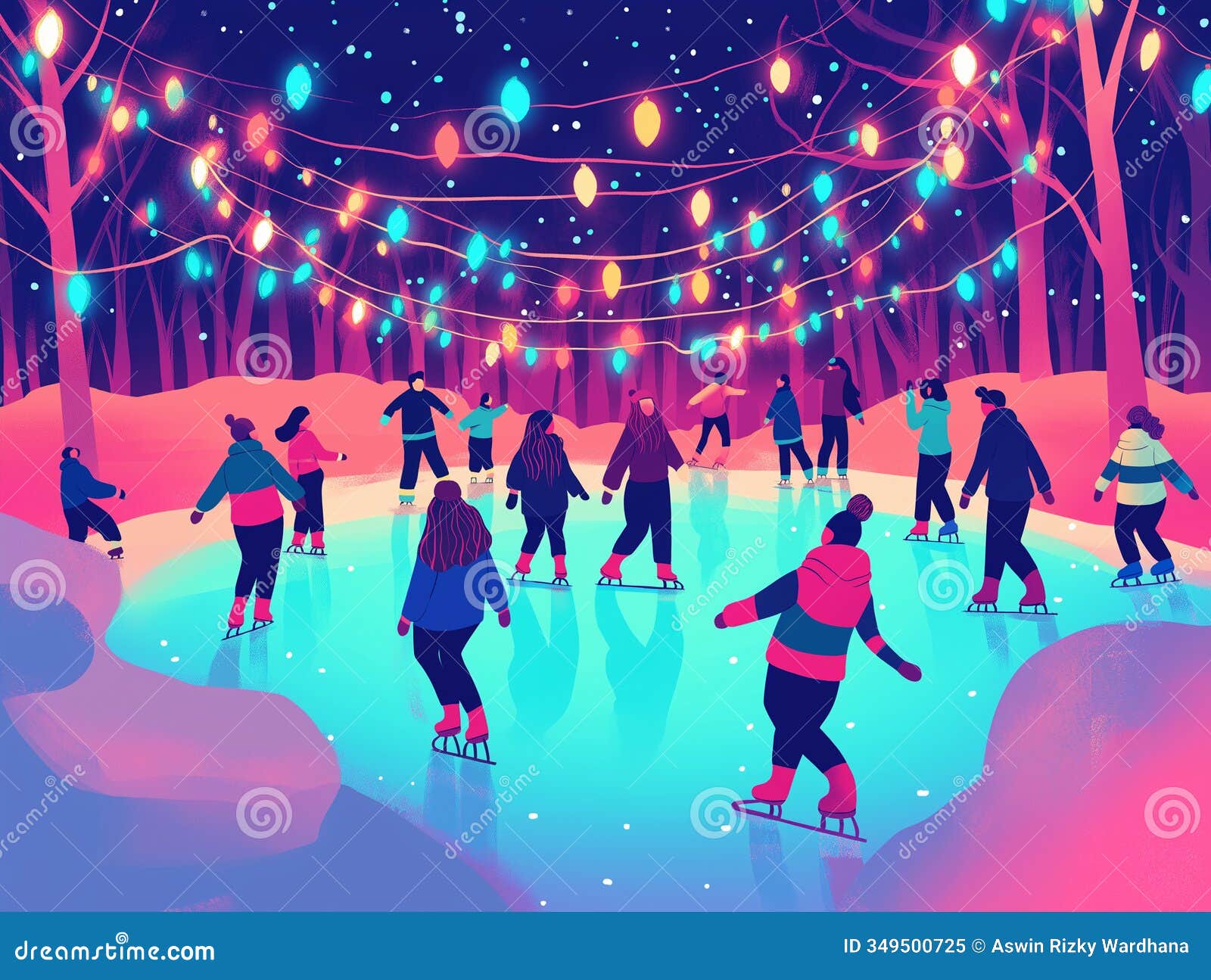 a retro-inspired 80s cartoon featuring a group of friends ice skating