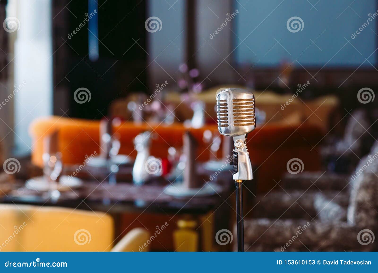 Retro Karaoke Microphone on a Restaurant Background Stock Image Image