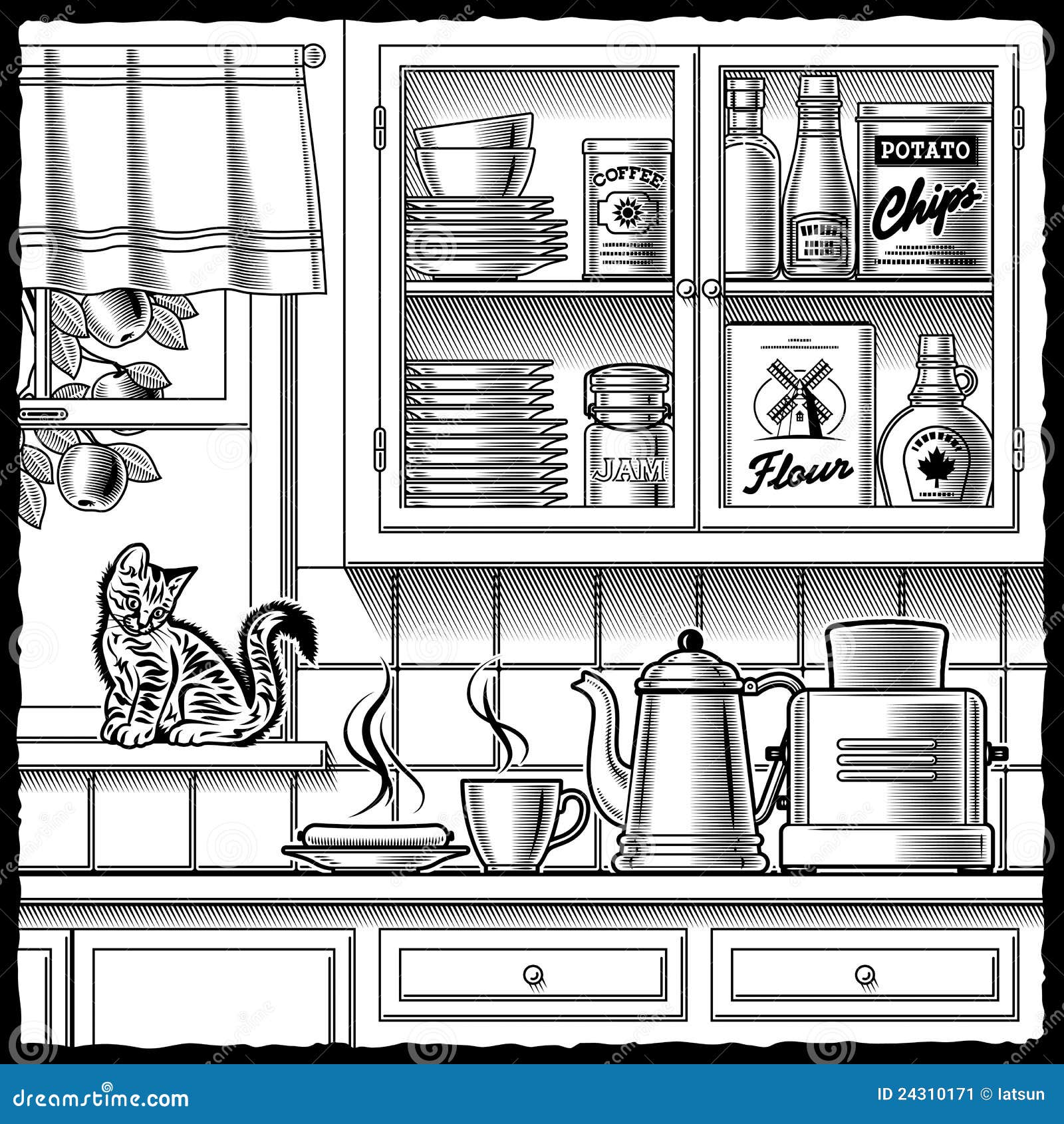 Retro Kitchen Black and White Stock Vector - Illustration of fruit, flour:  24310171, image size:1600x1690