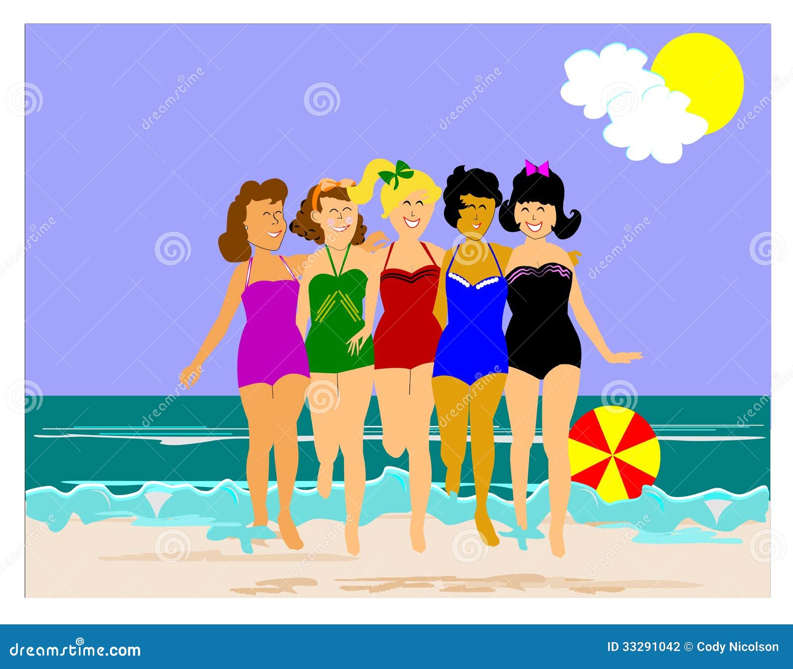 5 Retro Ladies  On The Beach  Stock Photography Image 