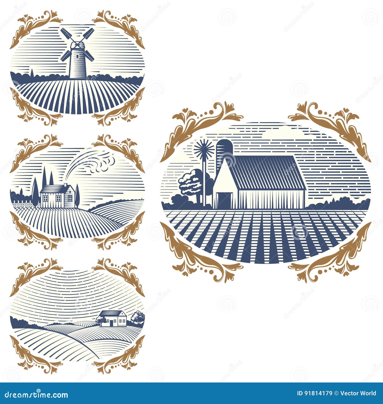 Retro Landscapes Vector Illustration Farm House Agriculture Graphic