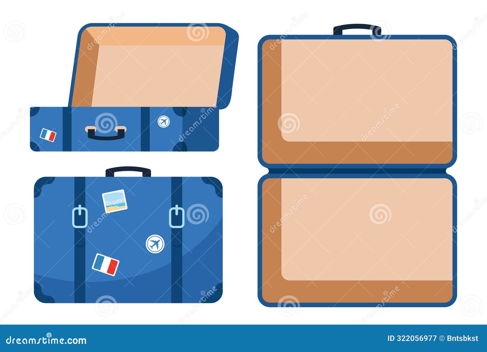 retro leather suitcase with metal corners, belts and handle. suitcase, open and closed, ready for packing. front and top view.