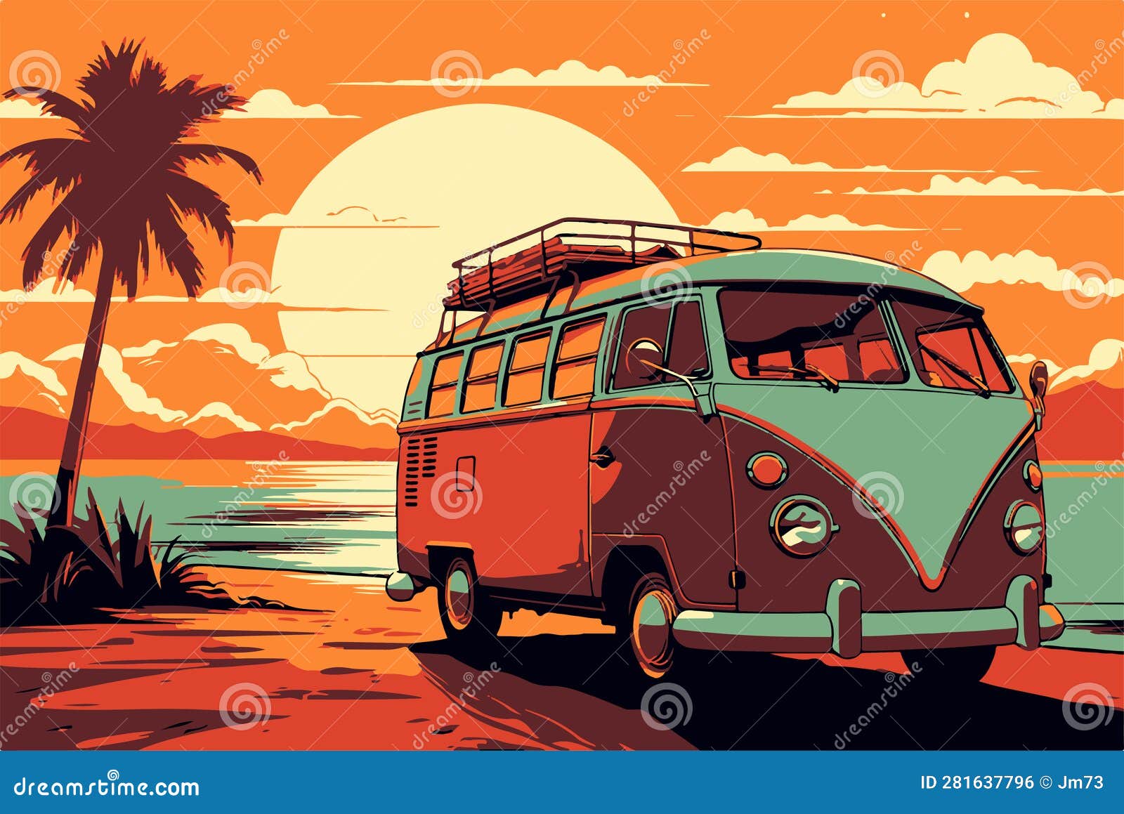 Retro Minibus on the Beach at Sunset - Travel Concept Stock Vector ...