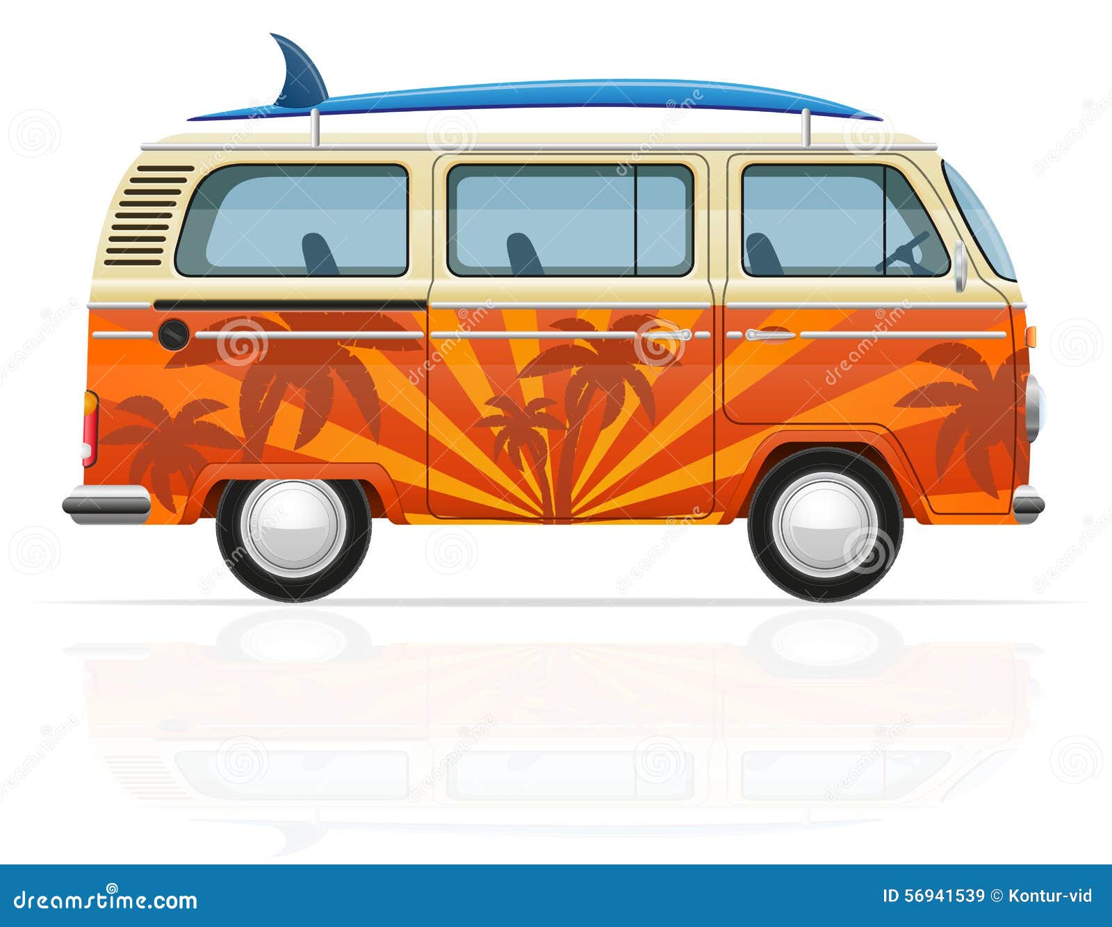 retro minivan with a surfboard  