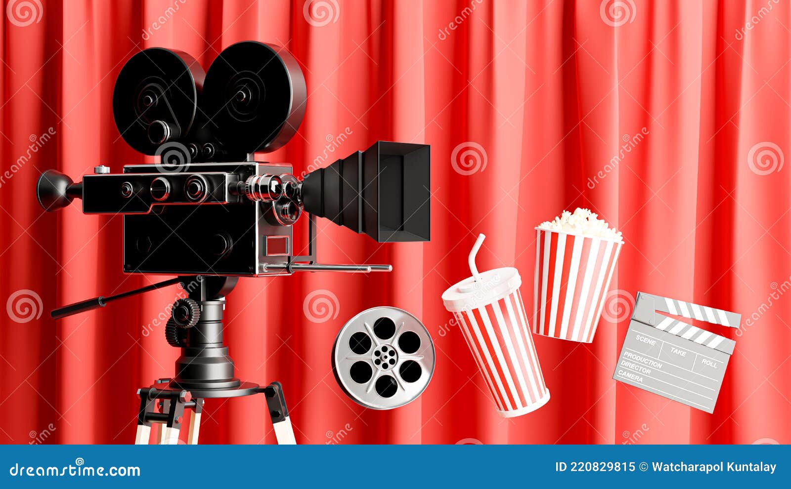 Retro Movie Camera Decoration with Popcorn,reel Film,clapper Board,drink  Mug Stock Illustration - Illustration of broadcasting, black: 220829815