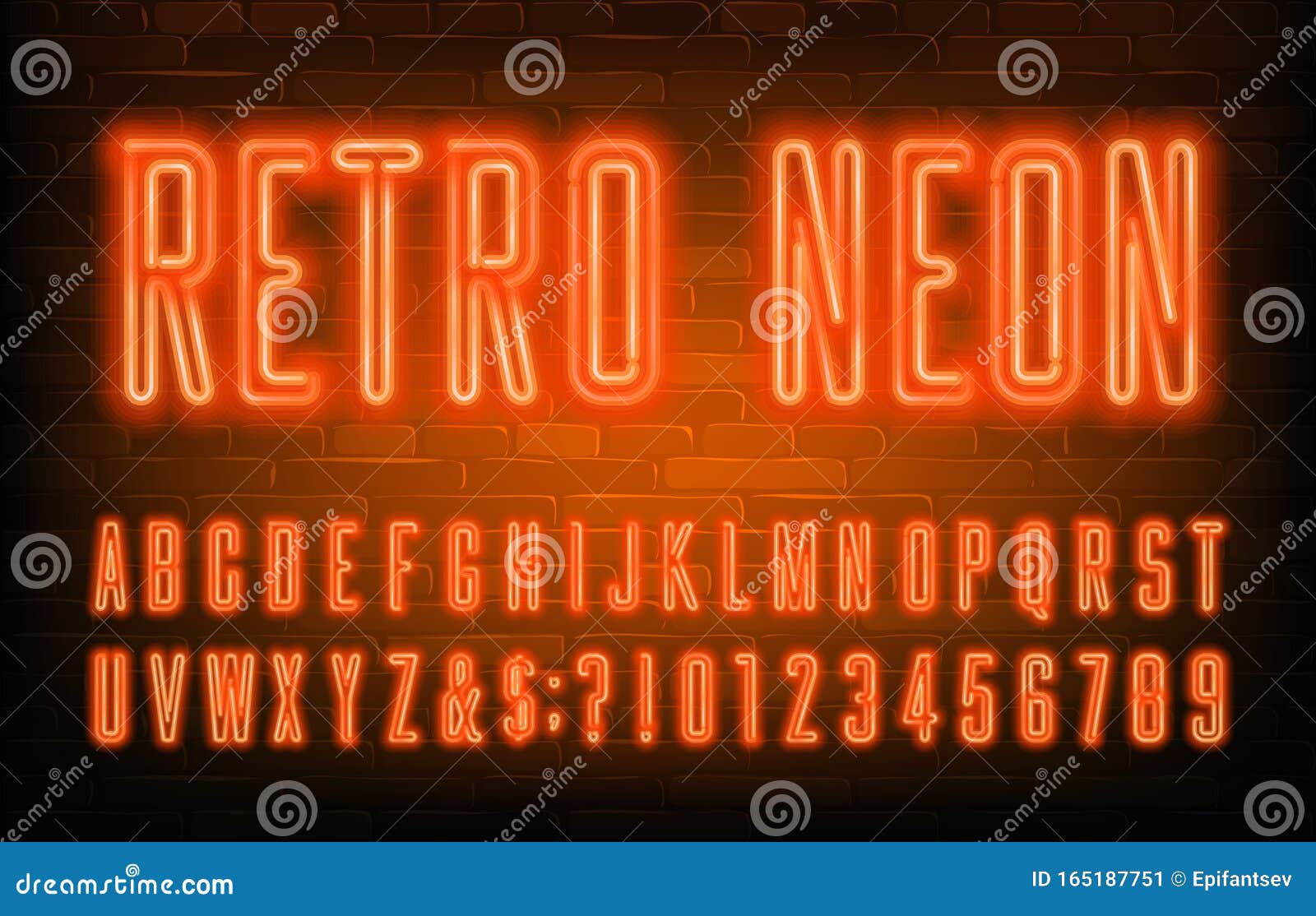 Retro Neon Schriftart Zusammengefasste Orangefarbene Neonbuchstaben Und Ziffern Backsteinwand Vektor Abbildung Illustration Von Zahlen Glanz 165187751