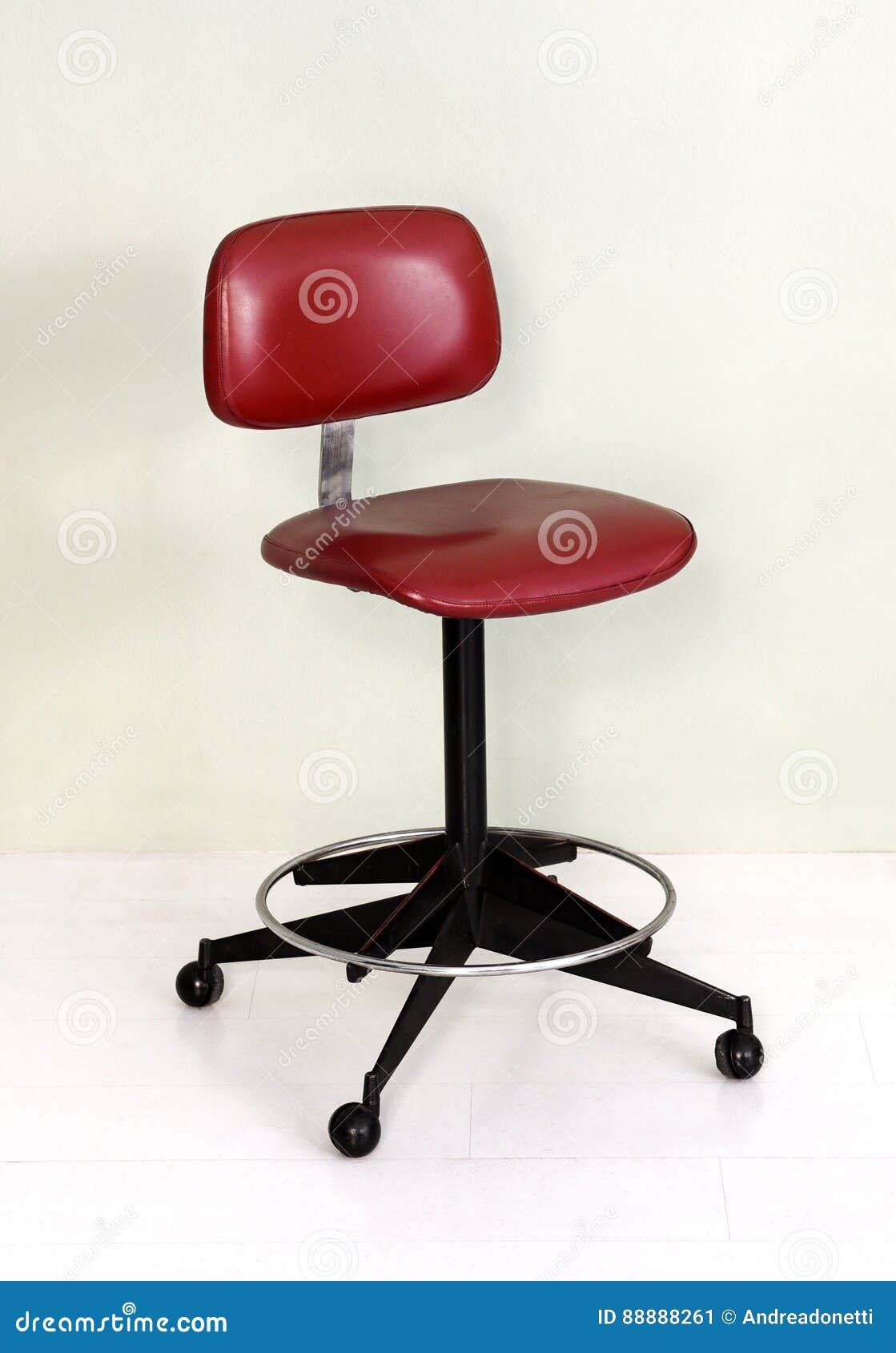 Retro Office Chair Red Seat Wheels Furniture Still Life Vintage Wheel Casters Room White Background Floor 88888261 