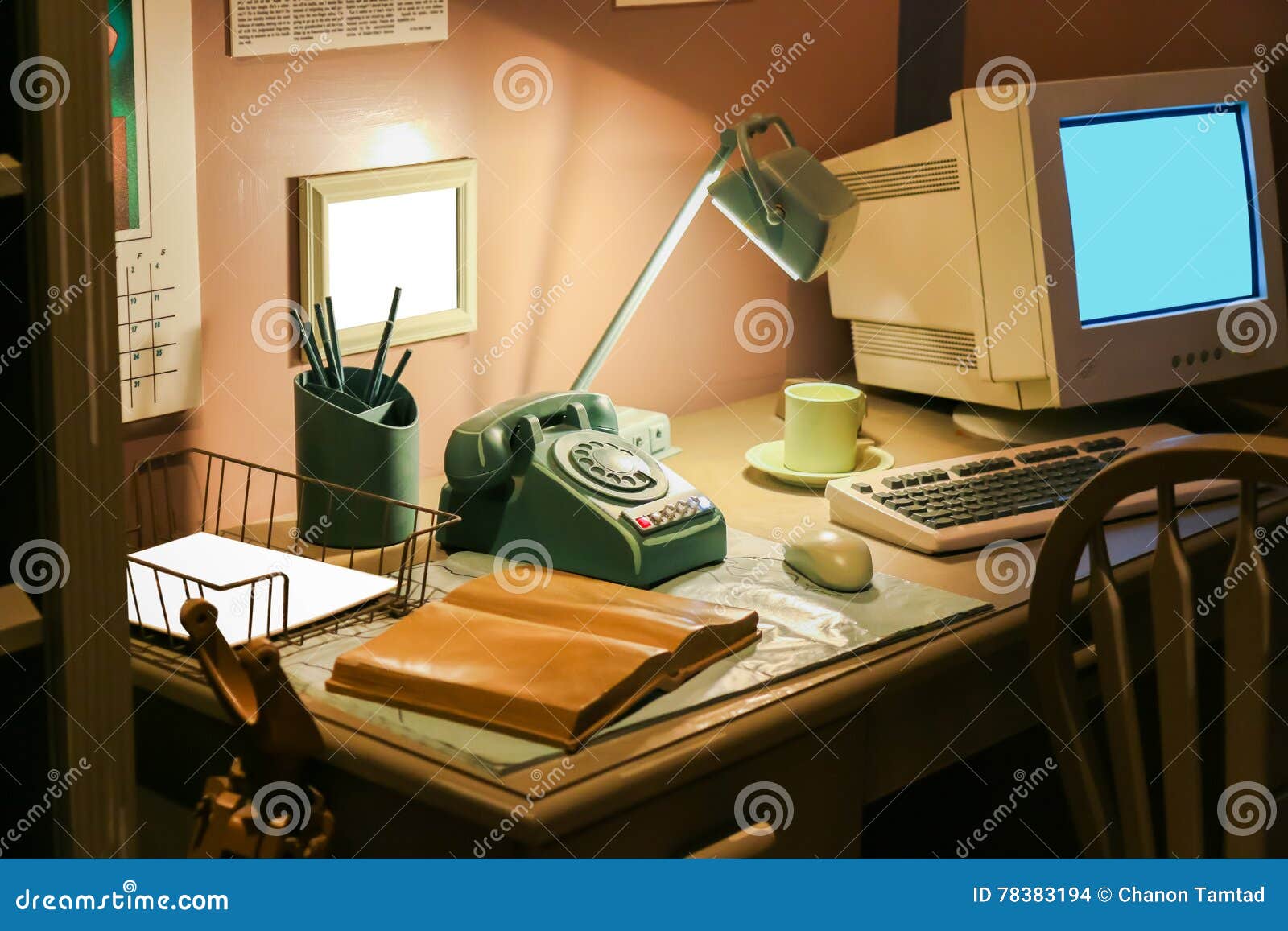 Retro Office Desk in Dark Room with Simulator Object. Stock Photo - Image  of lantern, portable: 78383194