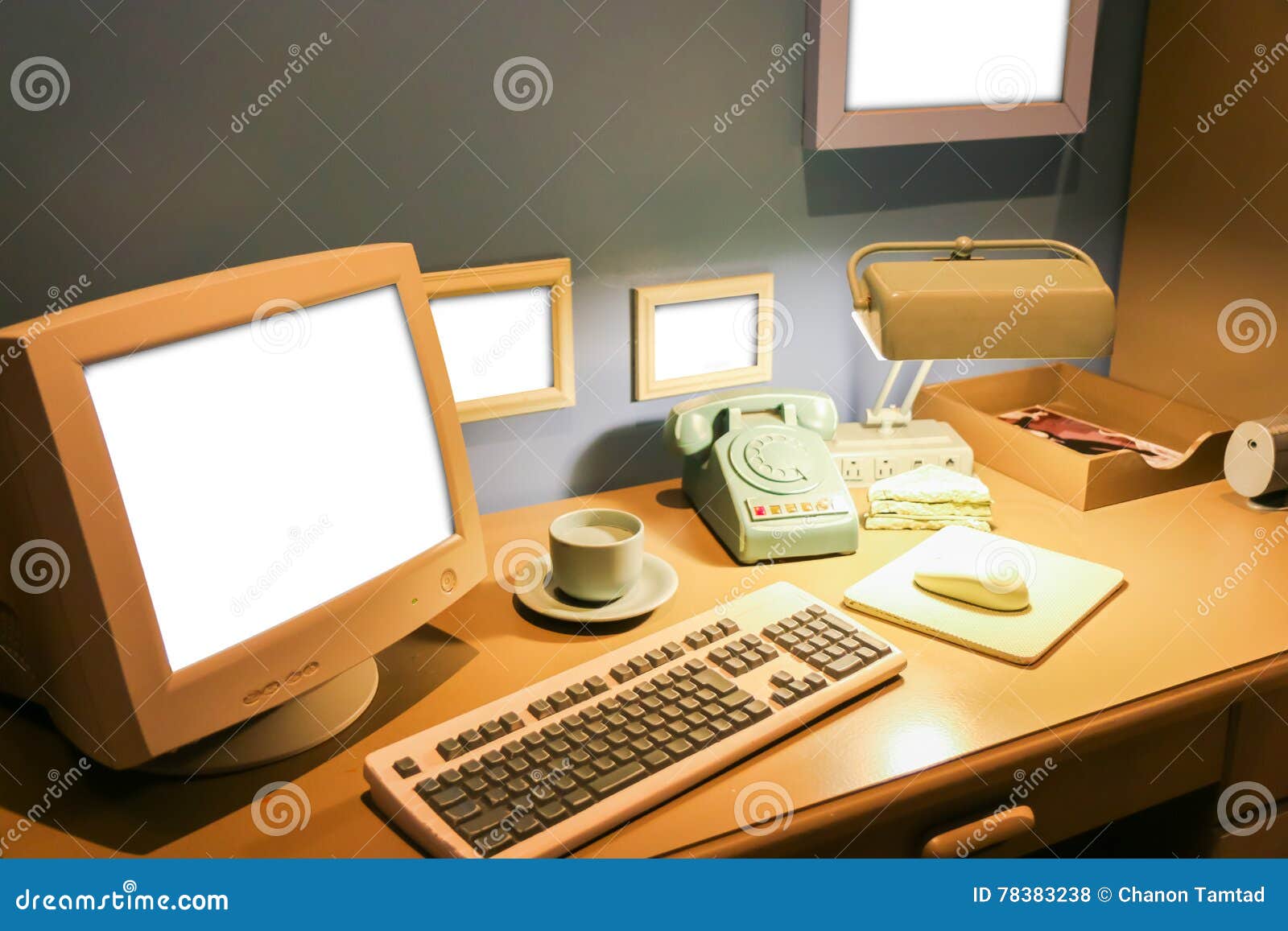 Retro Office Desk in Dark Room with Simulator Object. Stock Photo - Image  of screen, computer: 78383238